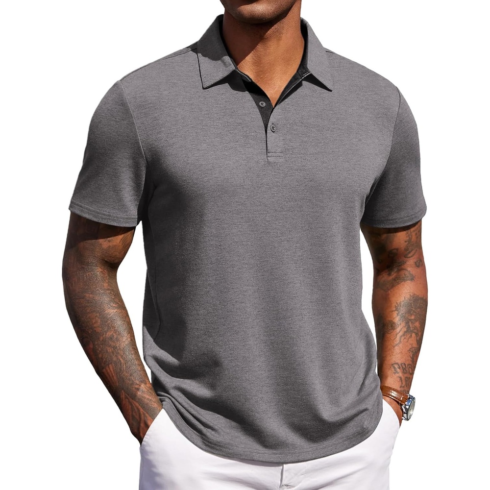 image:imageCOOFANDY Mens Polo Shirts Short Sleeve Casual Summer Polo Tee Collared Tops Button CollarSoft FabricCasual StylishClassic BasicLightweightSummerFashionGolfGrey