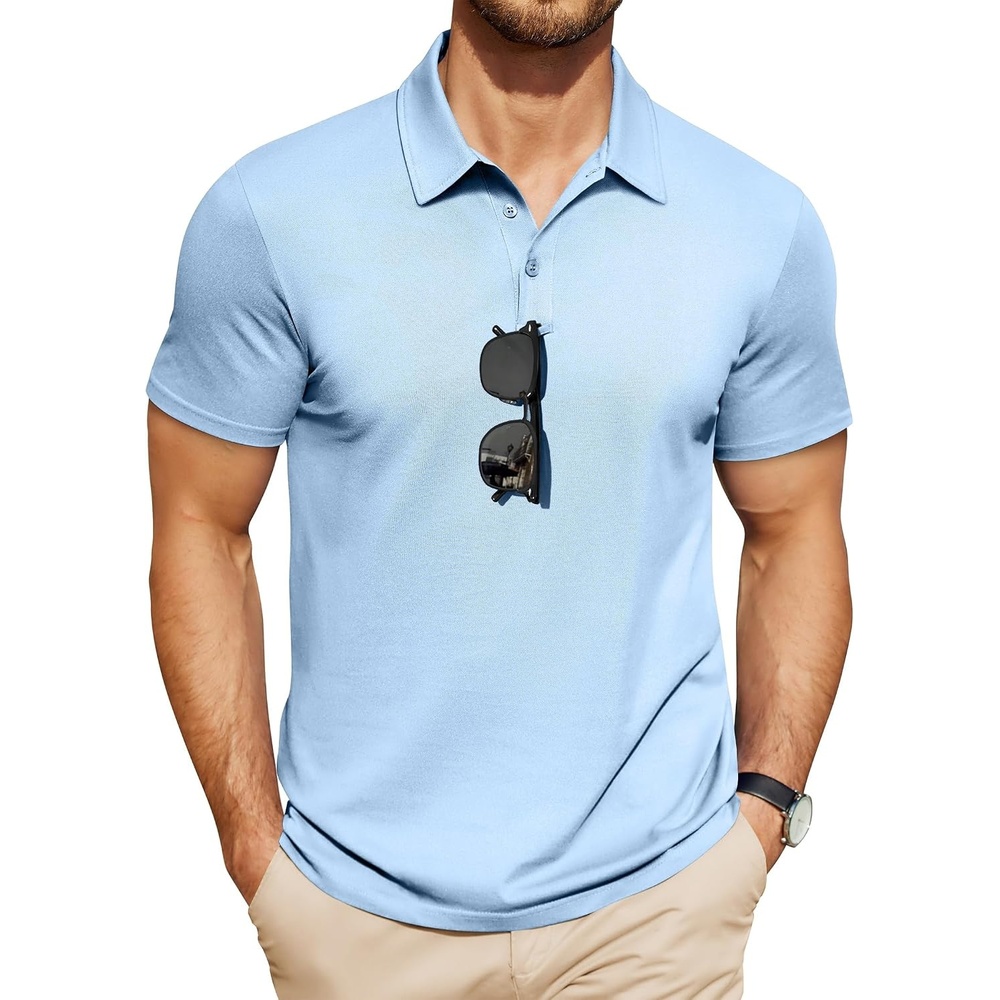 image:imageCOOFANDY Mens Polo Shirts Short Sleeve Golf Shirt Casual Collared TShirts Performance moisture wicking quick dry lightweight breathable stretchy wrinkle resistance versatile regular fitLight Blue