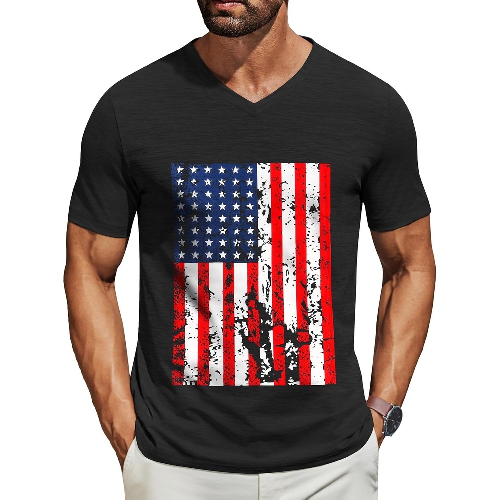 image:imageCOOFANDY Mens T Shirts Short Sleeve Classic V Neck Casual Summer Basic Tee Textured Classic Plain Shirts Soft Lightweight Breathable T Shirt Daily Use Office Going Out Top for MenYblack American Flag