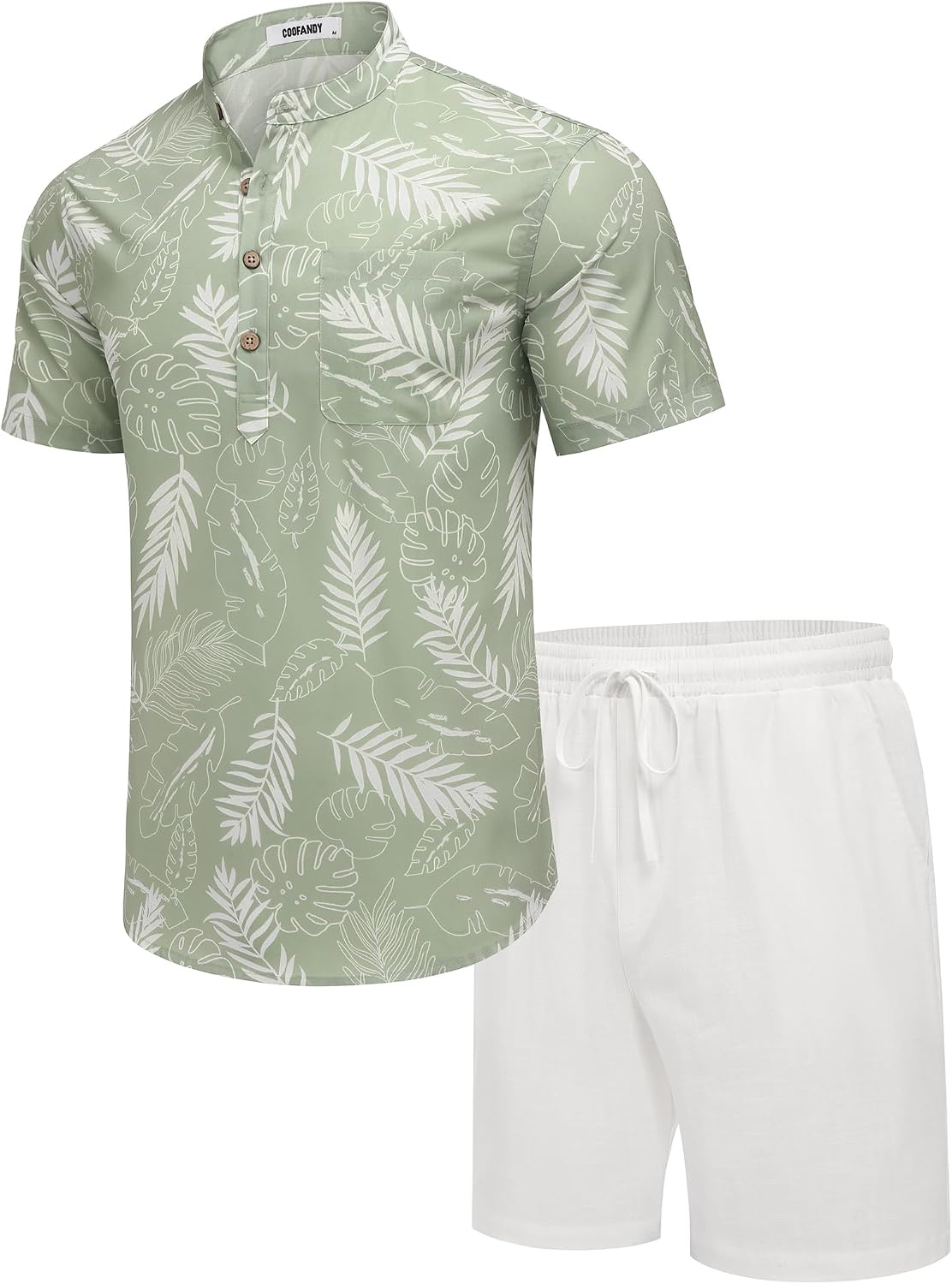 image:imageCOOFANDY Mens 2 Piece Cotton Linen Sets Summer Beach Outfits Casual Short Sleeve Henley Shirts and Vacation ShortsGreen Floral ShirtWhite Shorts