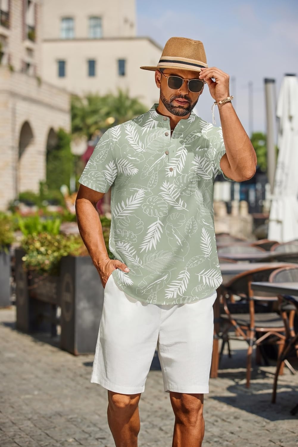 image:imageCOOFANDY Mens 2 Piece Cotton Linen Sets Summer Beach Outfits Casual Short Sleeve Henley Shirts and Vacation ShortsGreen Floral ShirtWhite Shorts