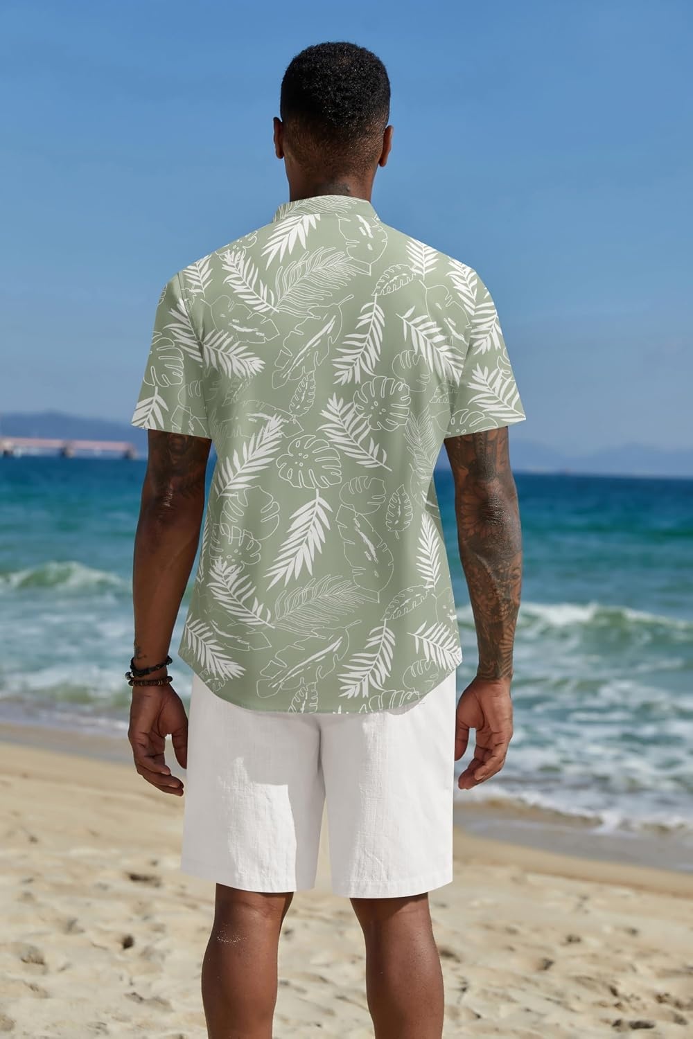 image:imageCOOFANDY Mens 2 Piece Cotton Linen Sets Summer Beach Outfits Casual Short Sleeve Henley Shirts and Vacation ShortsGreen Floral ShirtWhite Shorts