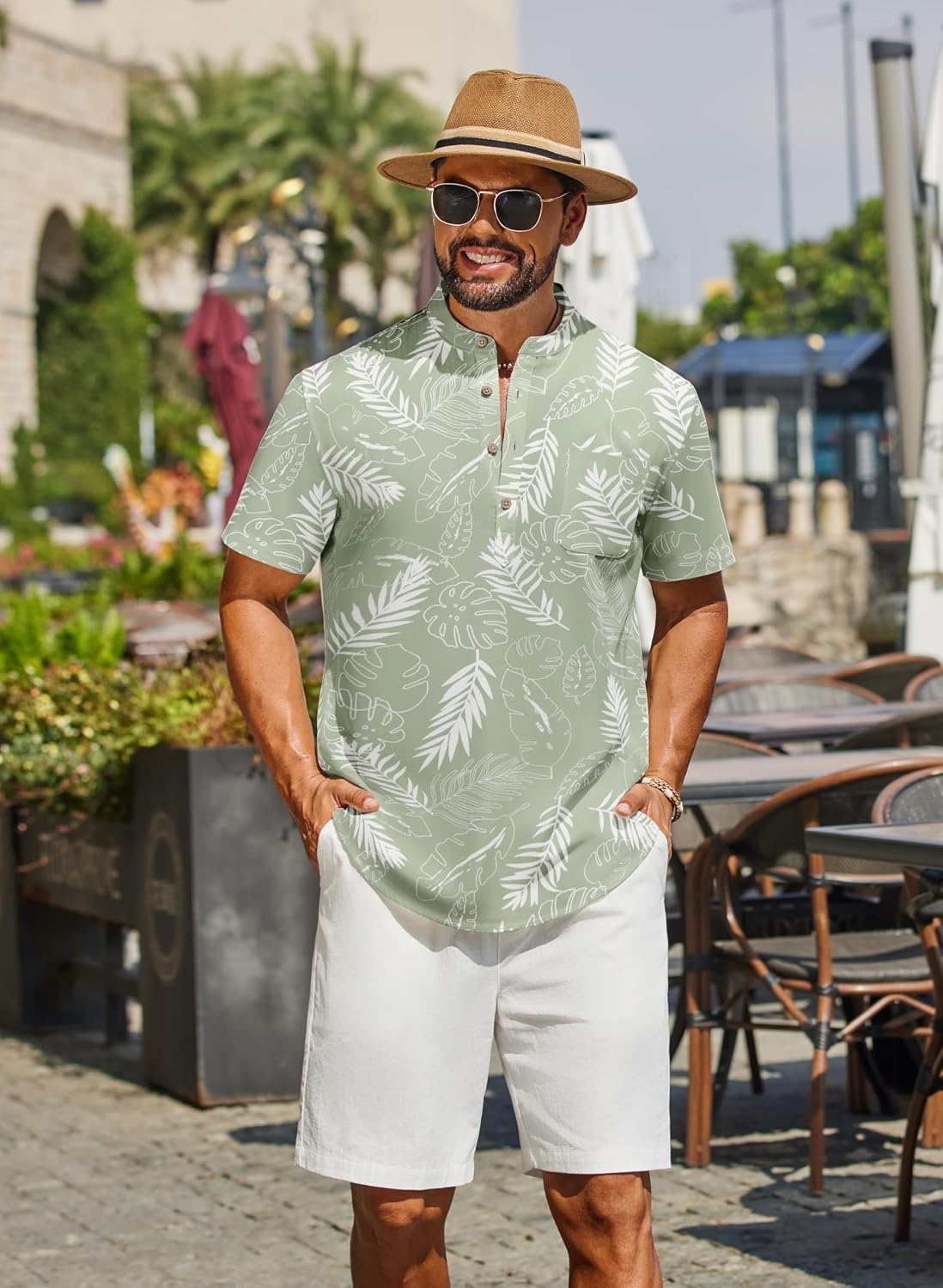 image:imageCOOFANDY Mens 2 Piece Cotton Linen Sets Summer Beach Outfits Casual Short Sleeve Henley Shirts and Vacation ShortsGreen Floral ShirtWhite Shorts