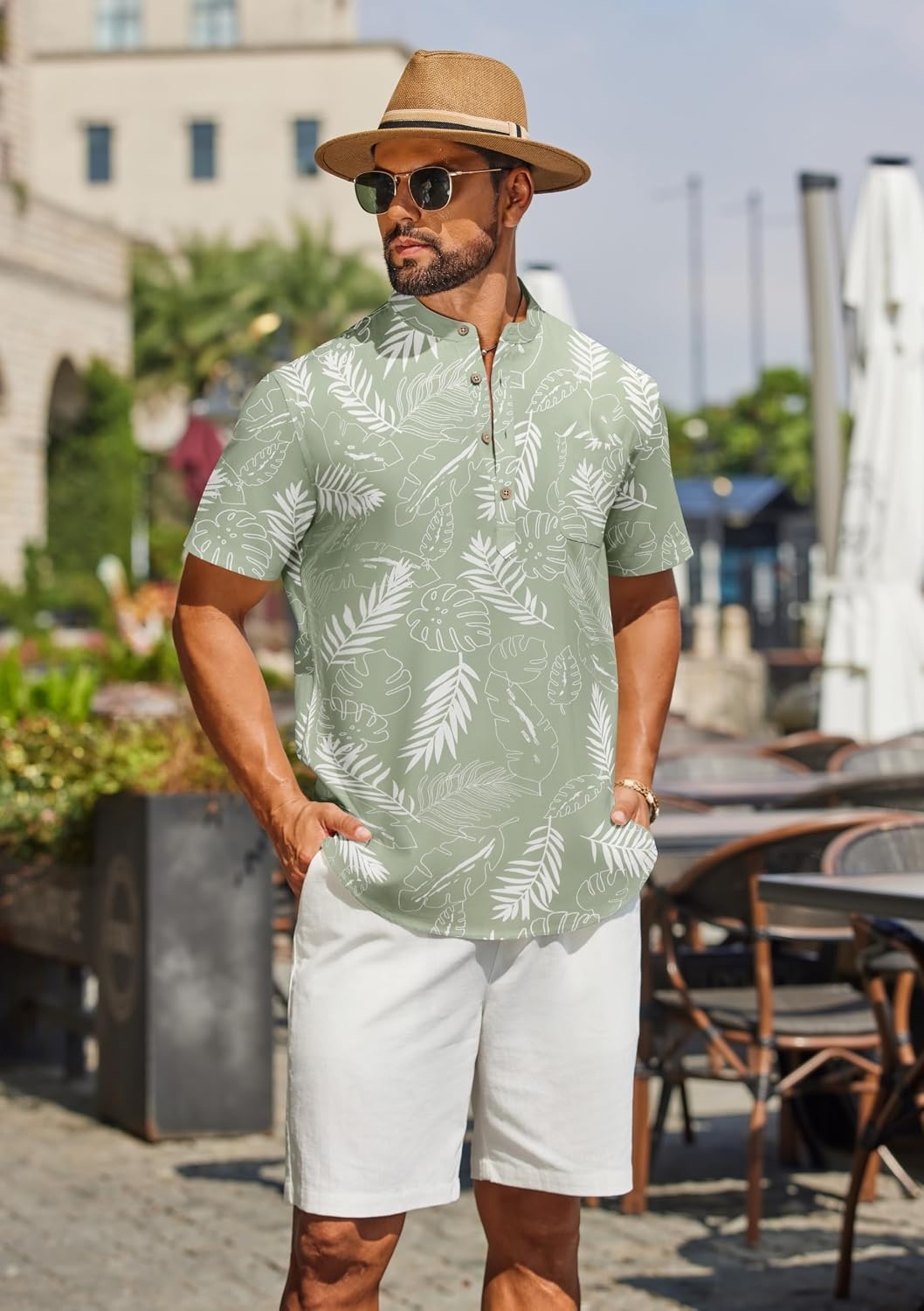 image:imageCOOFANDY Mens 2 Piece Cotton Linen Sets Summer Beach Outfits Casual Short Sleeve Henley Shirts and Vacation ShortsGreen Floral ShirtWhite Shorts