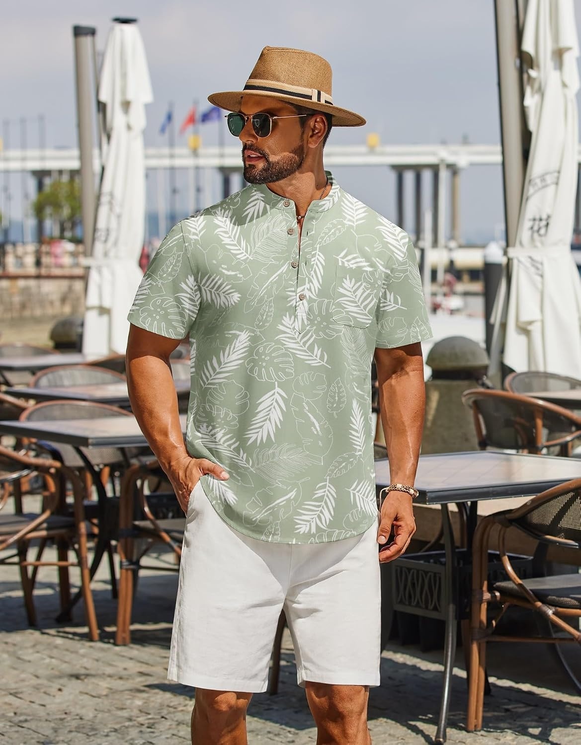 image:imageCOOFANDY Mens 2 Piece Cotton Linen Sets Summer Beach Outfits Casual Short Sleeve Henley Shirts and Vacation ShortsGreen Floral ShirtWhite Shorts