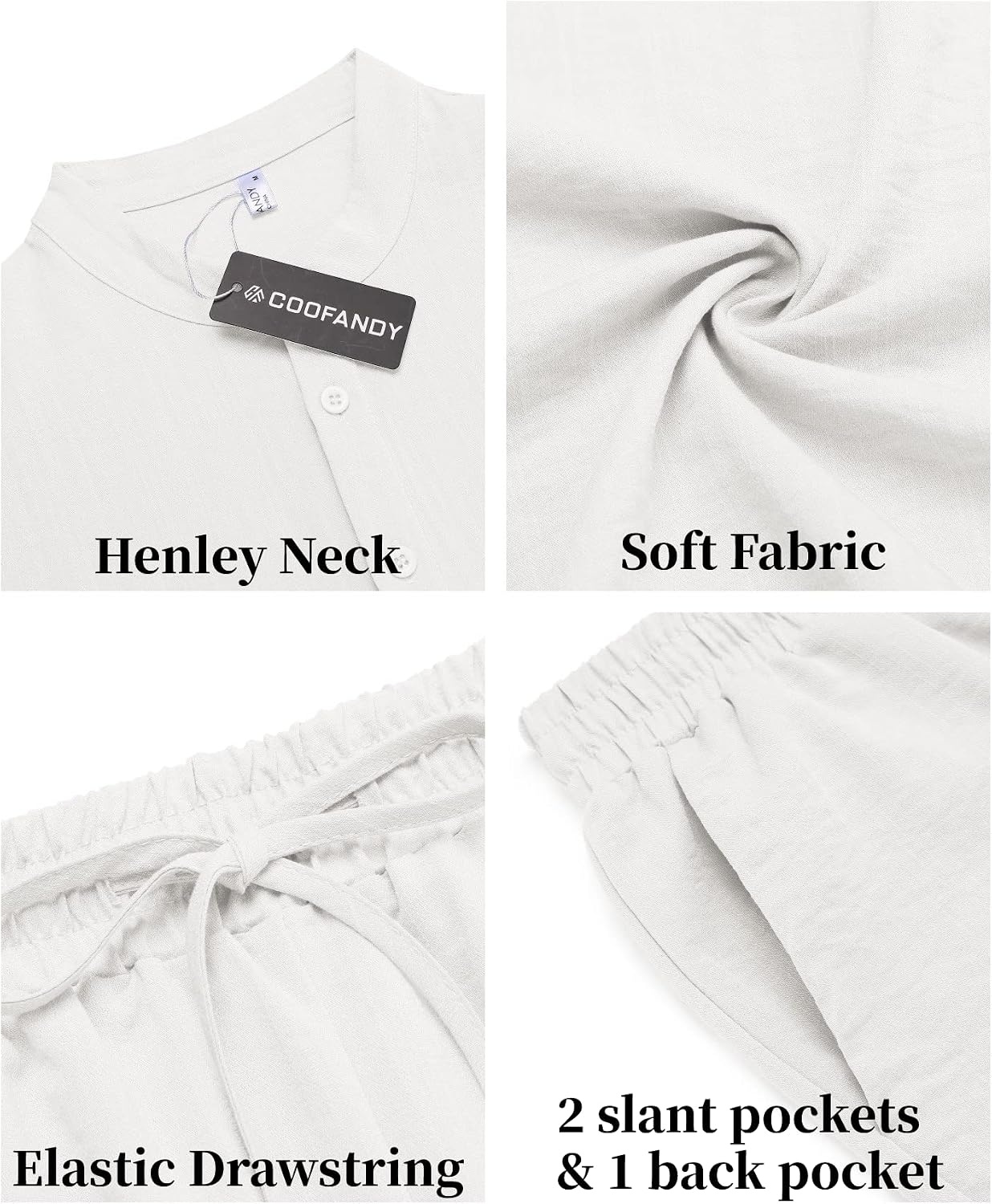 image:imageCOOFANDY Mens 2 Pieces Linen Set Casual Henley Shirts Beach Pants Outfits Button ClosureBeachSummerLightweight BreathableAdjustable Drawstring01white