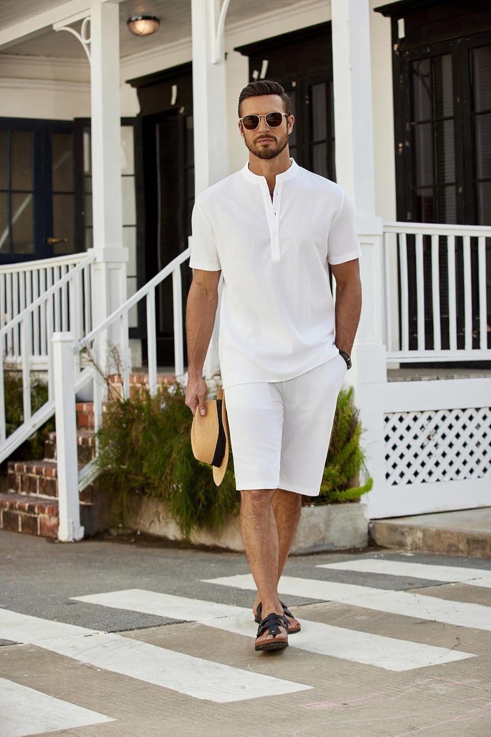 image:imageCOOFANDY Mens 2 Pieces Linen Set Casual Henley Shirts Beach Pants Outfits Button ClosureBeachSummerLightweight BreathableAdjustable Drawstring01white