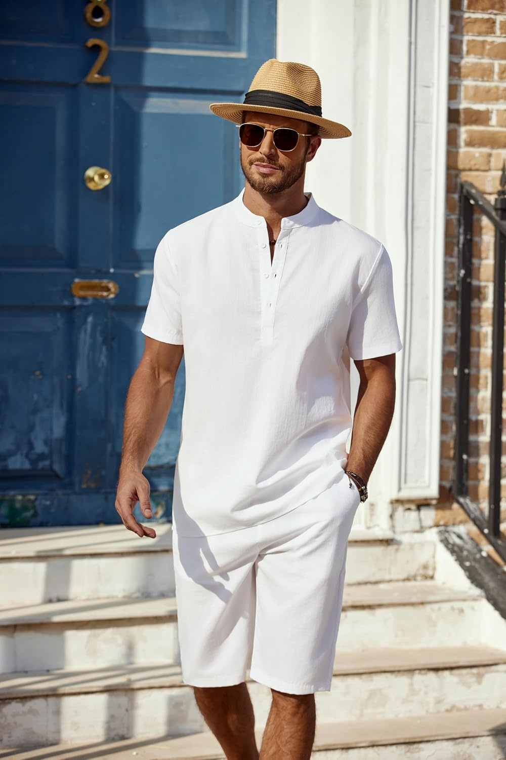 image:imageCOOFANDY Mens 2 Pieces Linen Set Casual Henley Shirts Beach Pants Outfits Button ClosureBeachSummerLightweight BreathableAdjustable Drawstring01white