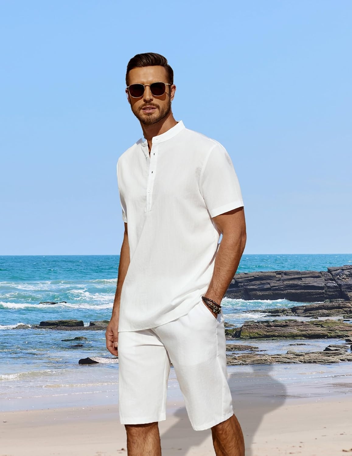 image:imageCOOFANDY Mens 2 Pieces Linen Set Casual Henley Shirts Beach Pants Outfits Button ClosureBeachSummerLightweight BreathableAdjustable Drawstring01white