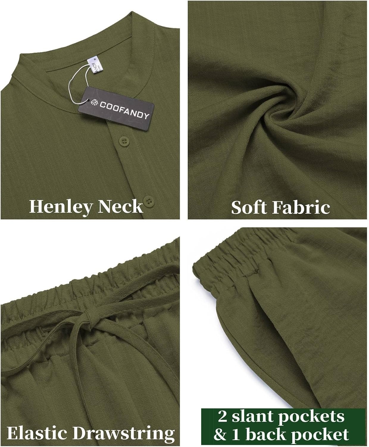 image:imageCOOFANDY Mens 2 Pieces Linen Set Casual Henley Shirts Beach Pants Outfits Button ClosureBeachSummerLightweight BreathableAdjustable DrawstringArmy Green
