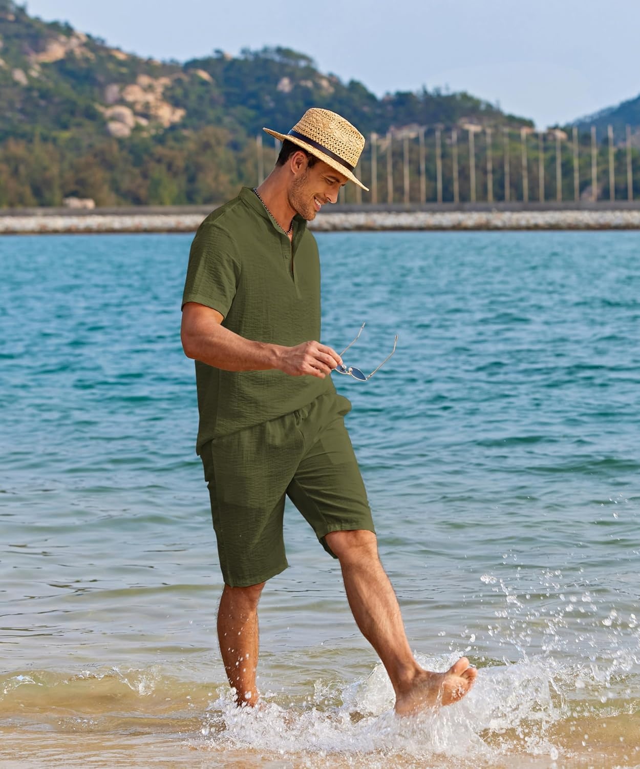 image:imageCOOFANDY Mens 2 Pieces Linen Set Casual Henley Shirts Beach Pants Outfits Button ClosureBeachSummerLightweight BreathableAdjustable DrawstringArmy Green