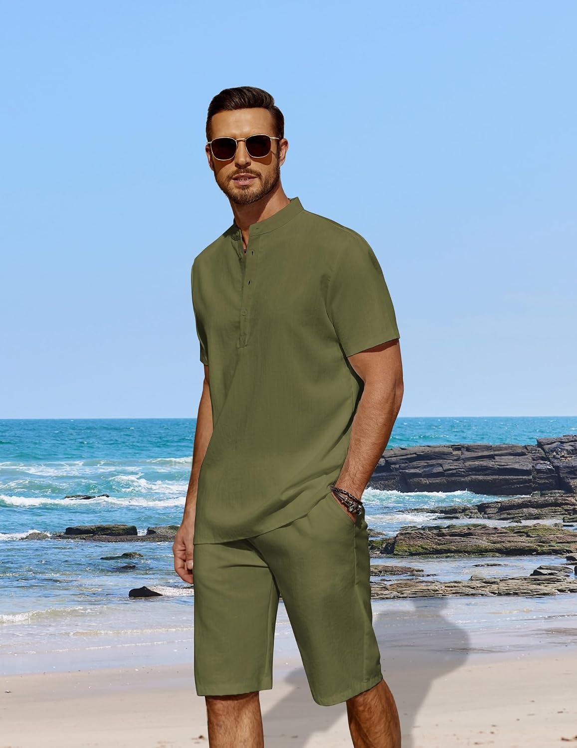 image:imageCOOFANDY Mens 2 Pieces Linen Set Casual Henley Shirts Beach Pants Outfits Button ClosureBeachSummerLightweight BreathableAdjustable DrawstringArmy Green