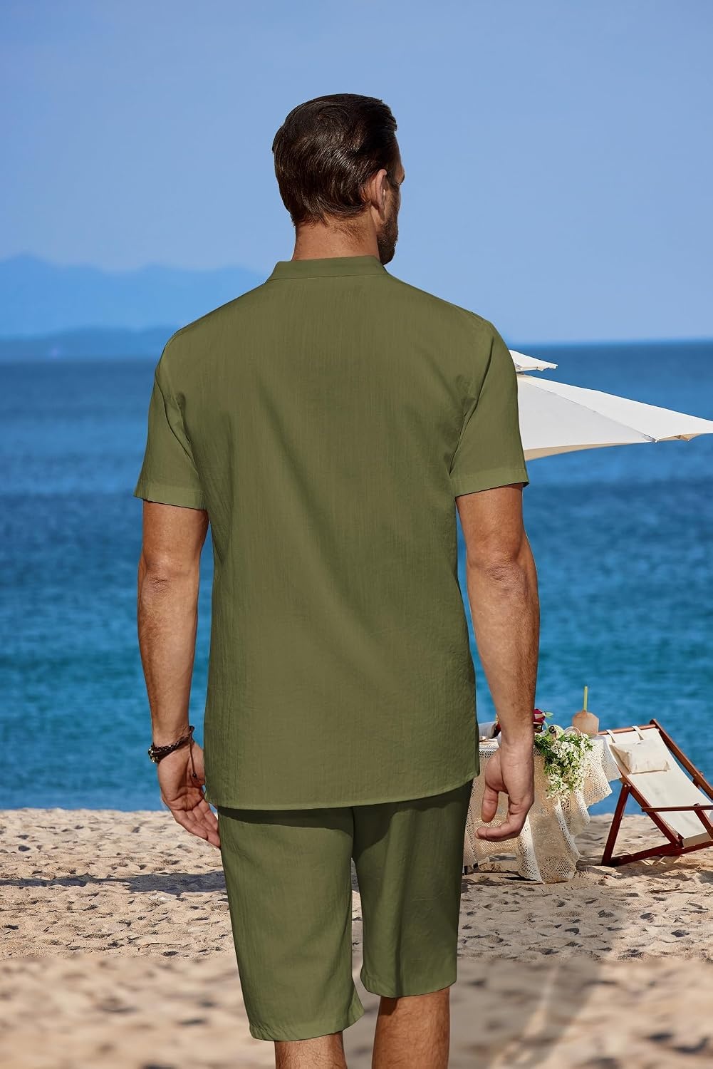 image:imageCOOFANDY Mens 2 Pieces Linen Set Casual Henley Shirts Beach Pants Outfits Button ClosureBeachSummerLightweight BreathableAdjustable DrawstringArmy Green