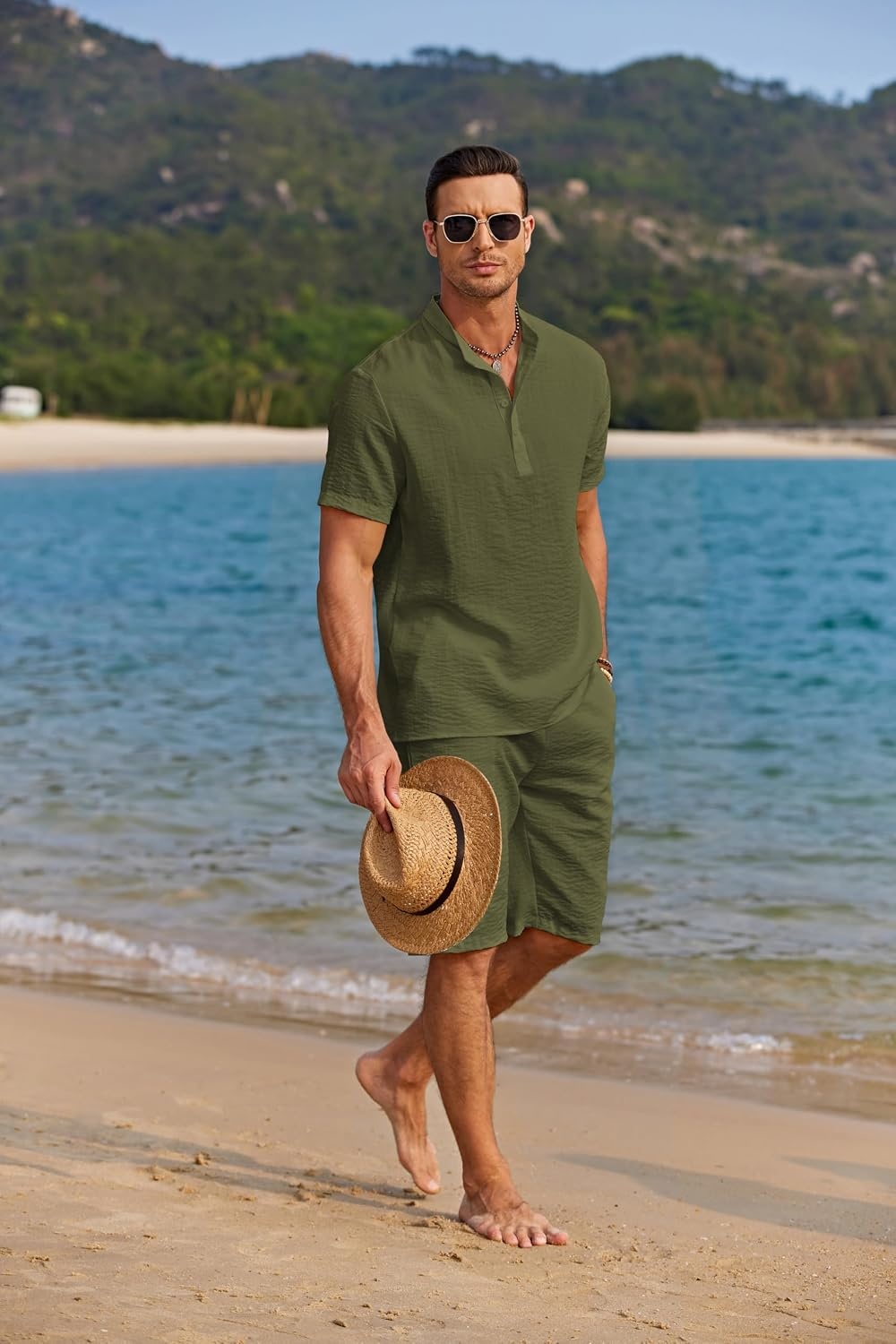 image:imageCOOFANDY Mens 2 Pieces Linen Set Casual Henley Shirts Beach Pants Outfits Button ClosureBeachSummerLightweight BreathableAdjustable DrawstringArmy Green