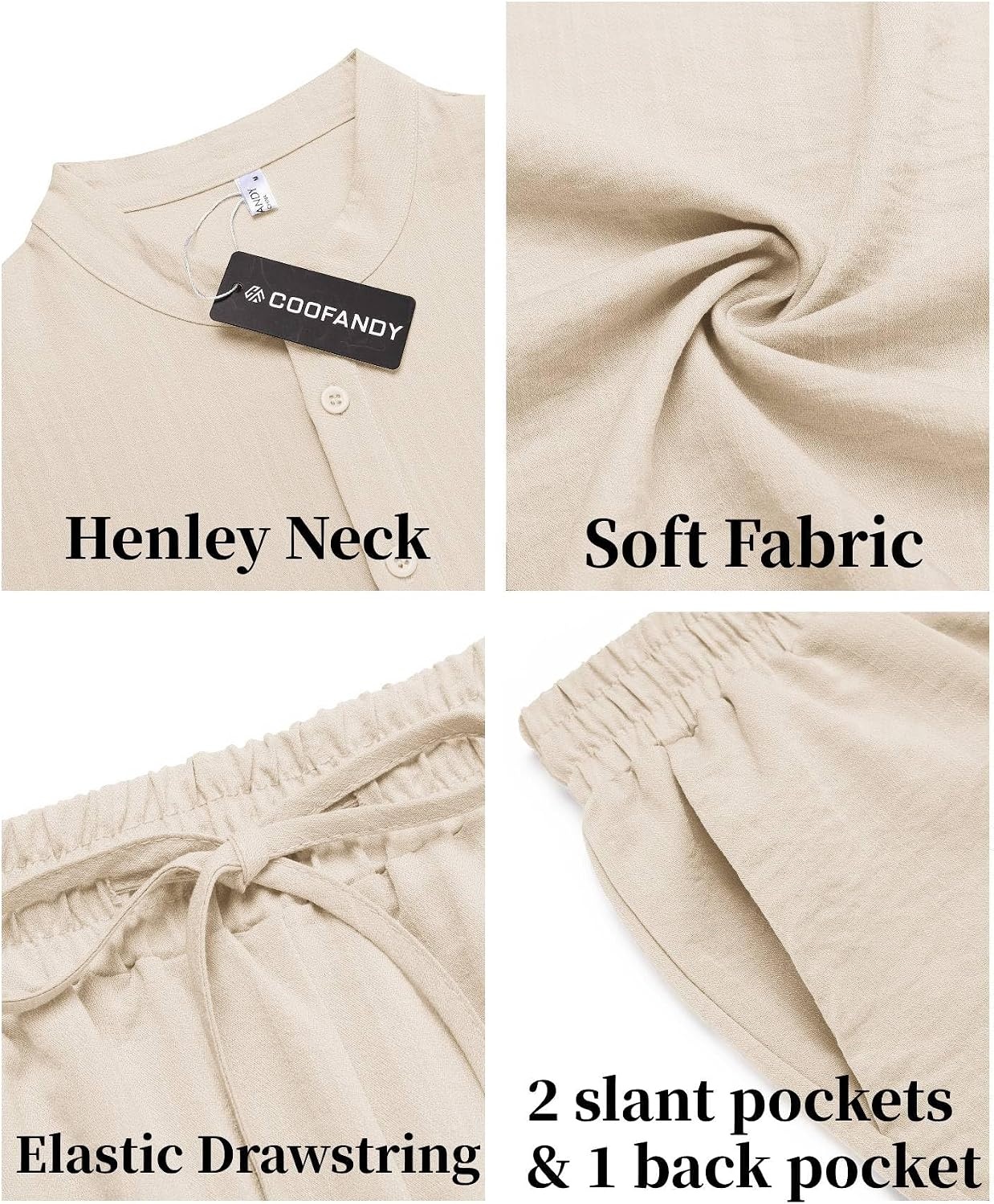 image:imageCOOFANDY Mens 2 Pieces Linen Set Casual Henley Shirts Beach Pants Outfits Button ClosureBeachSummerLightweight BreathableAdjustable DrawstringBeige