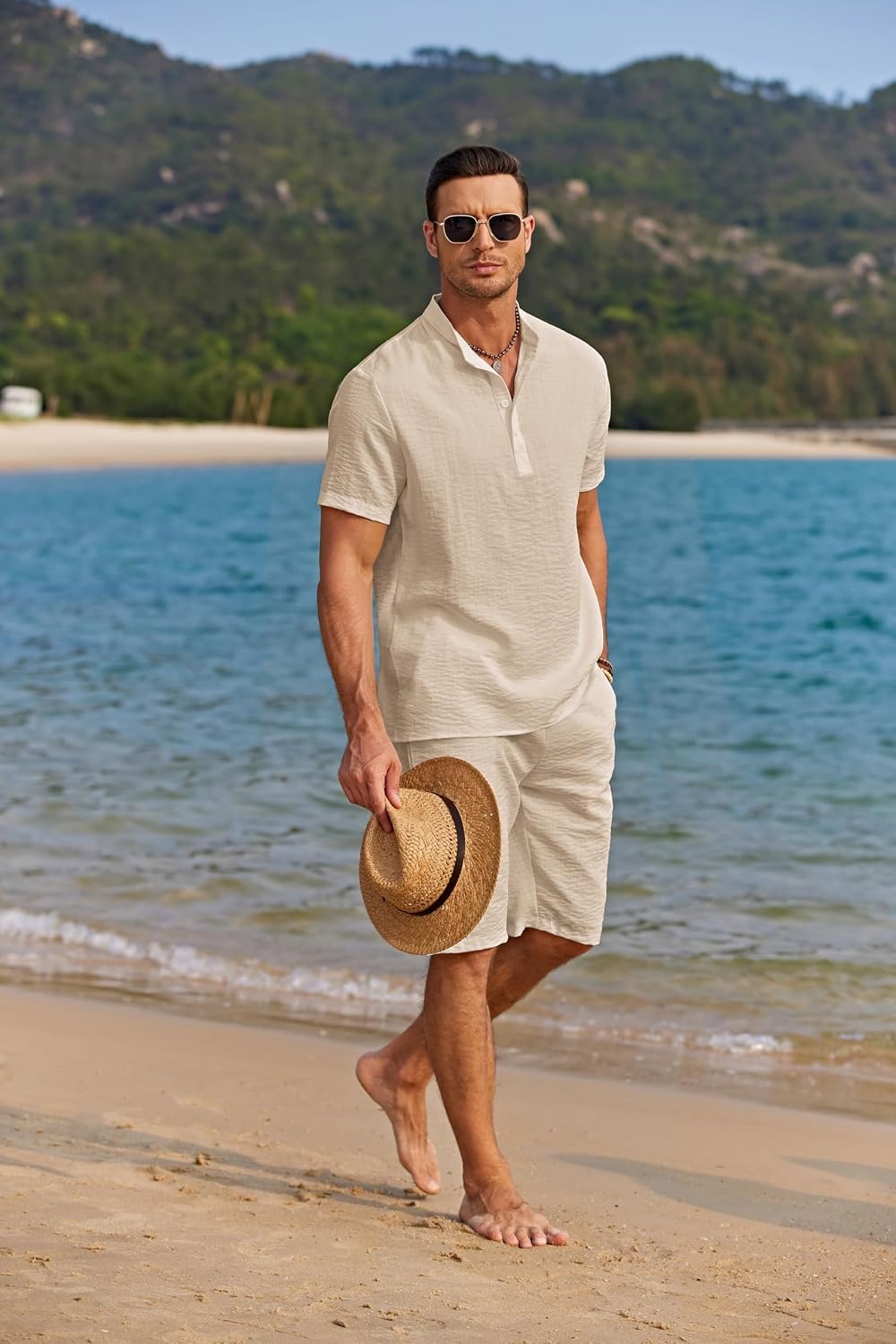 image:imageCOOFANDY Mens 2 Pieces Linen Set Casual Henley Shirts Beach Pants Outfits Button ClosureBeachSummerLightweight BreathableAdjustable DrawstringBeige