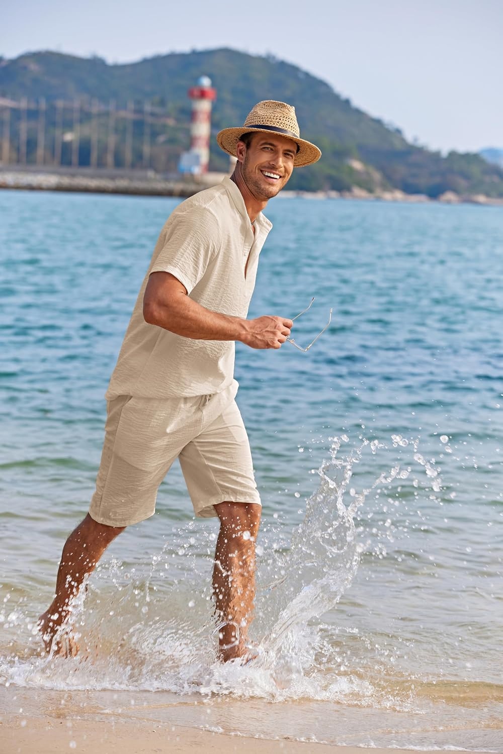 image:imageCOOFANDY Mens 2 Pieces Linen Set Casual Henley Shirts Beach Pants Outfits Button ClosureBeachSummerLightweight BreathableAdjustable DrawstringBeige