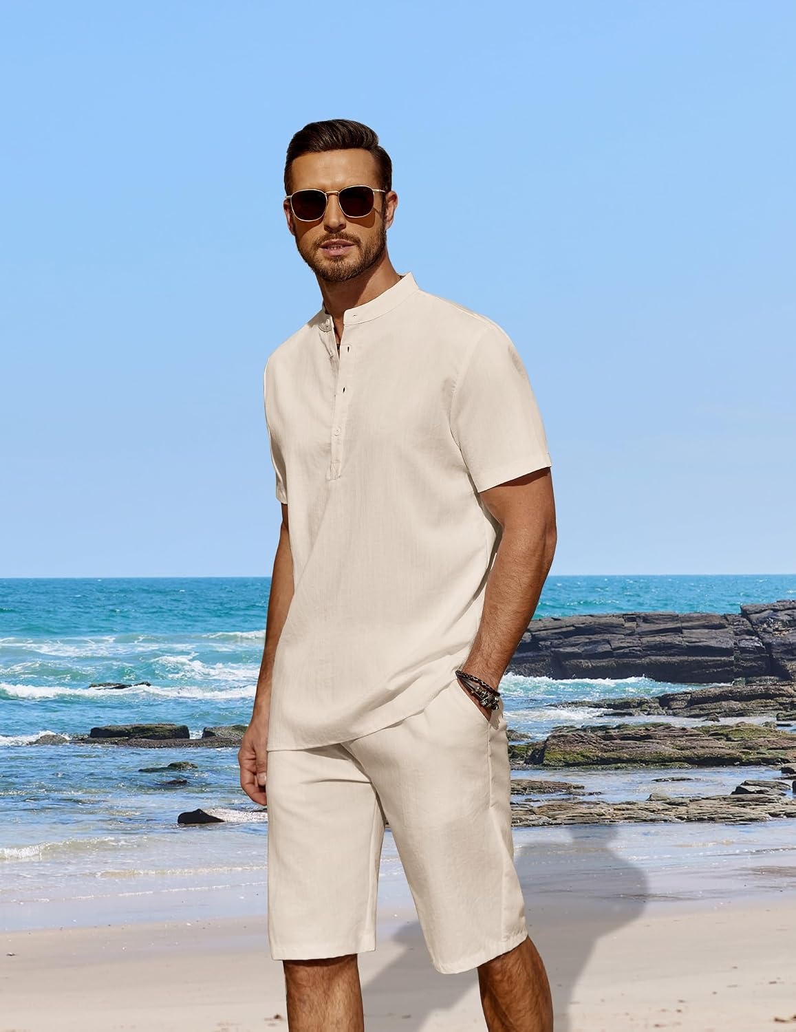 image:imageCOOFANDY Mens 2 Pieces Linen Set Casual Henley Shirts Beach Pants Outfits Button ClosureBeachSummerLightweight BreathableAdjustable DrawstringBeige