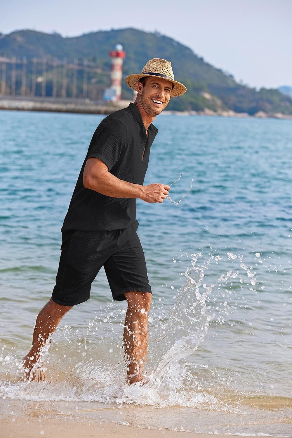 image:imageCOOFANDY Mens 2 Pieces Linen Set Casual Henley Shirts Beach Pants Outfits Button ClosureBeachSummerLightweight BreathableAdjustable DrawstringBlack