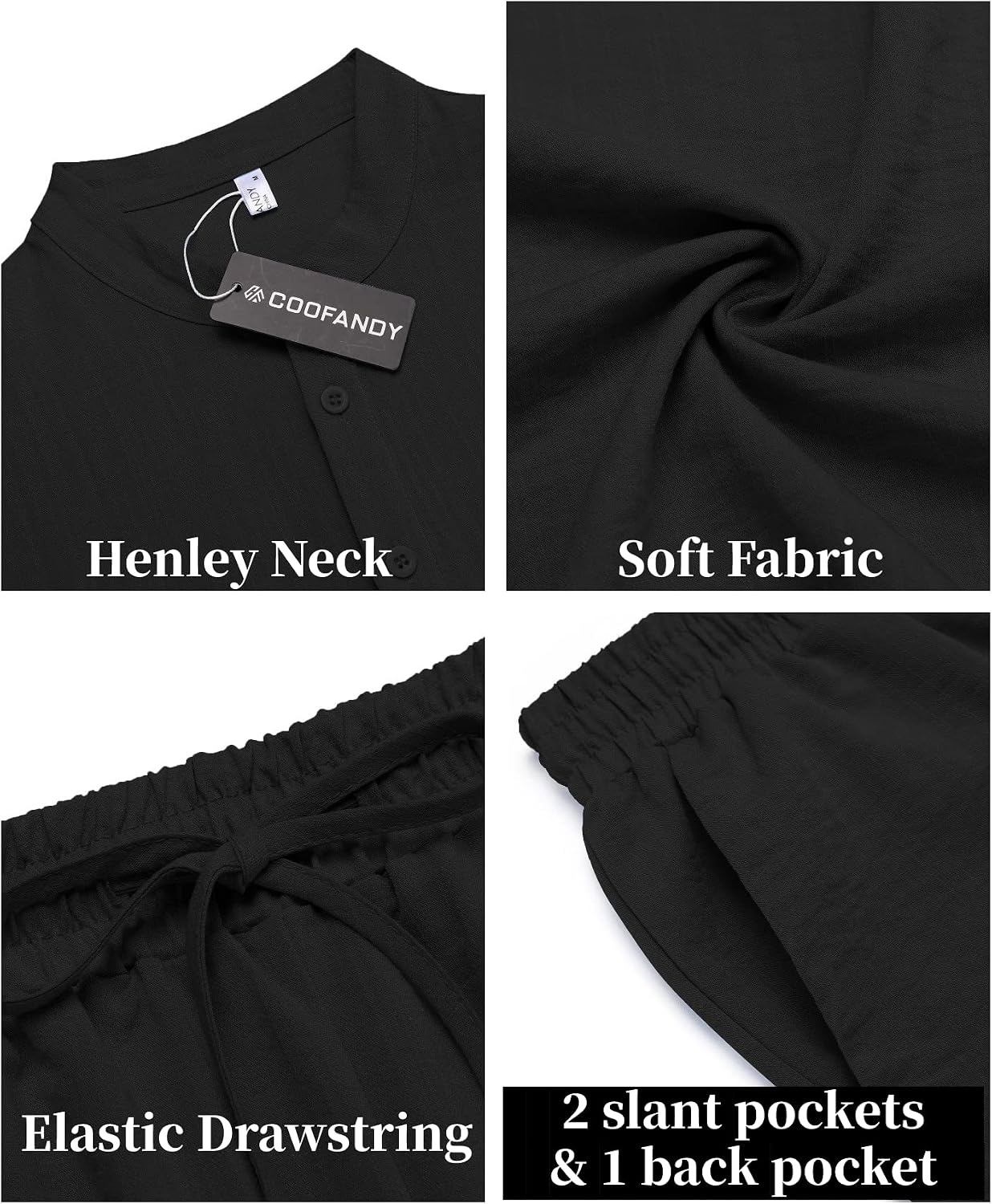image:imageCOOFANDY Mens 2 Pieces Linen Set Casual Henley Shirts Beach Pants Outfits Button ClosureBeachSummerLightweight BreathableAdjustable DrawstringBlack
