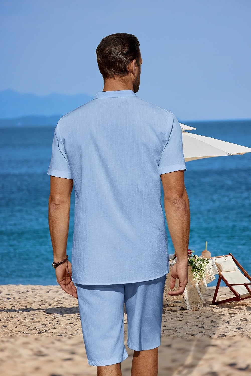 image:imageCOOFANDY Mens 2 Pieces Linen Set Casual Henley Shirts Beach Pants Outfits Button ClosureBeachSummerLightweight BreathableAdjustable DrawstringBlue