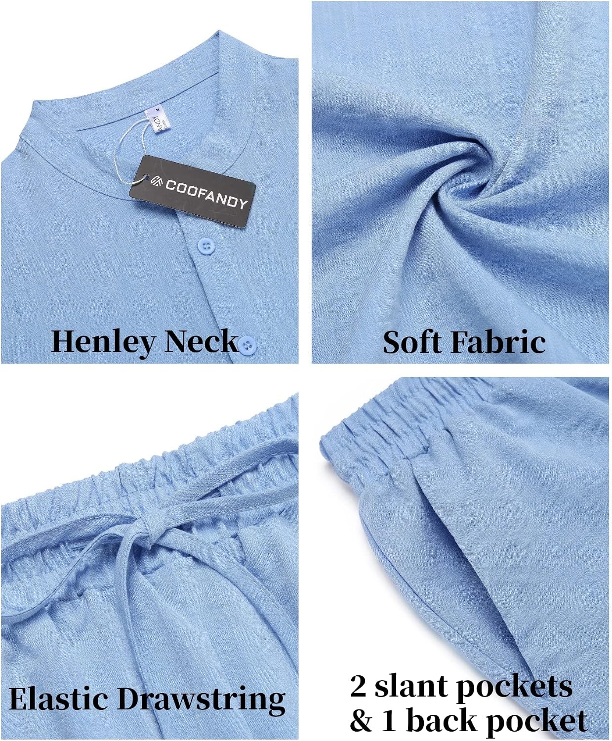 image:imageCOOFANDY Mens 2 Pieces Linen Set Casual Henley Shirts Beach Pants Outfits Button ClosureBeachSummerLightweight BreathableAdjustable DrawstringBlue