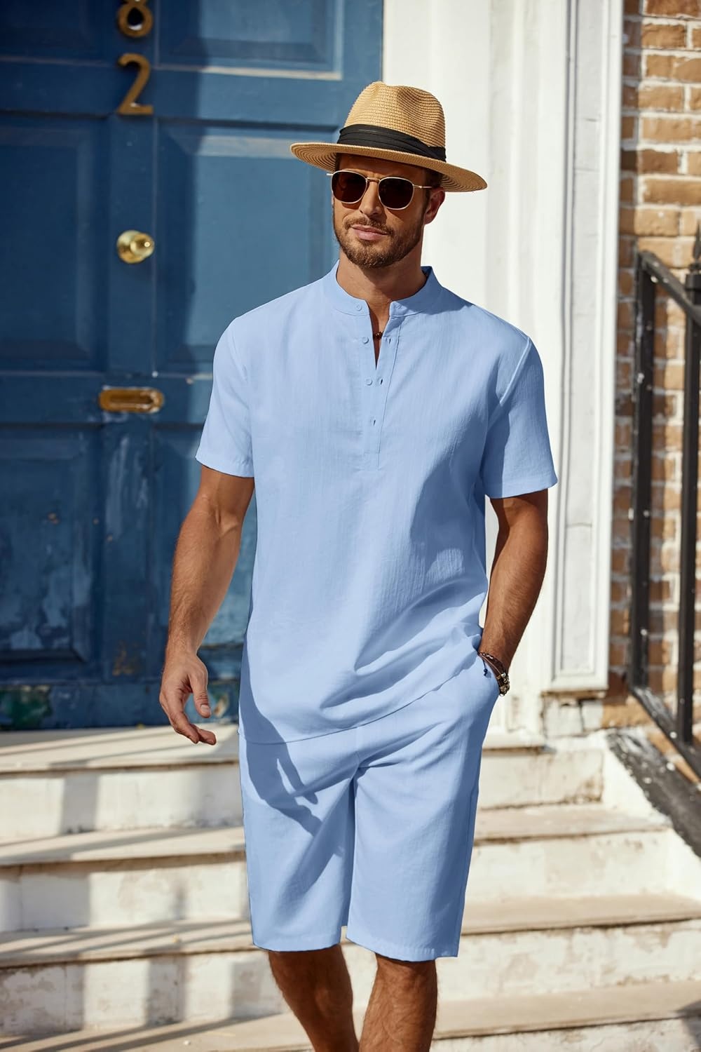 image:imageCOOFANDY Mens 2 Pieces Linen Set Casual Henley Shirts Beach Pants Outfits Button ClosureBeachSummerLightweight BreathableAdjustable DrawstringBlue