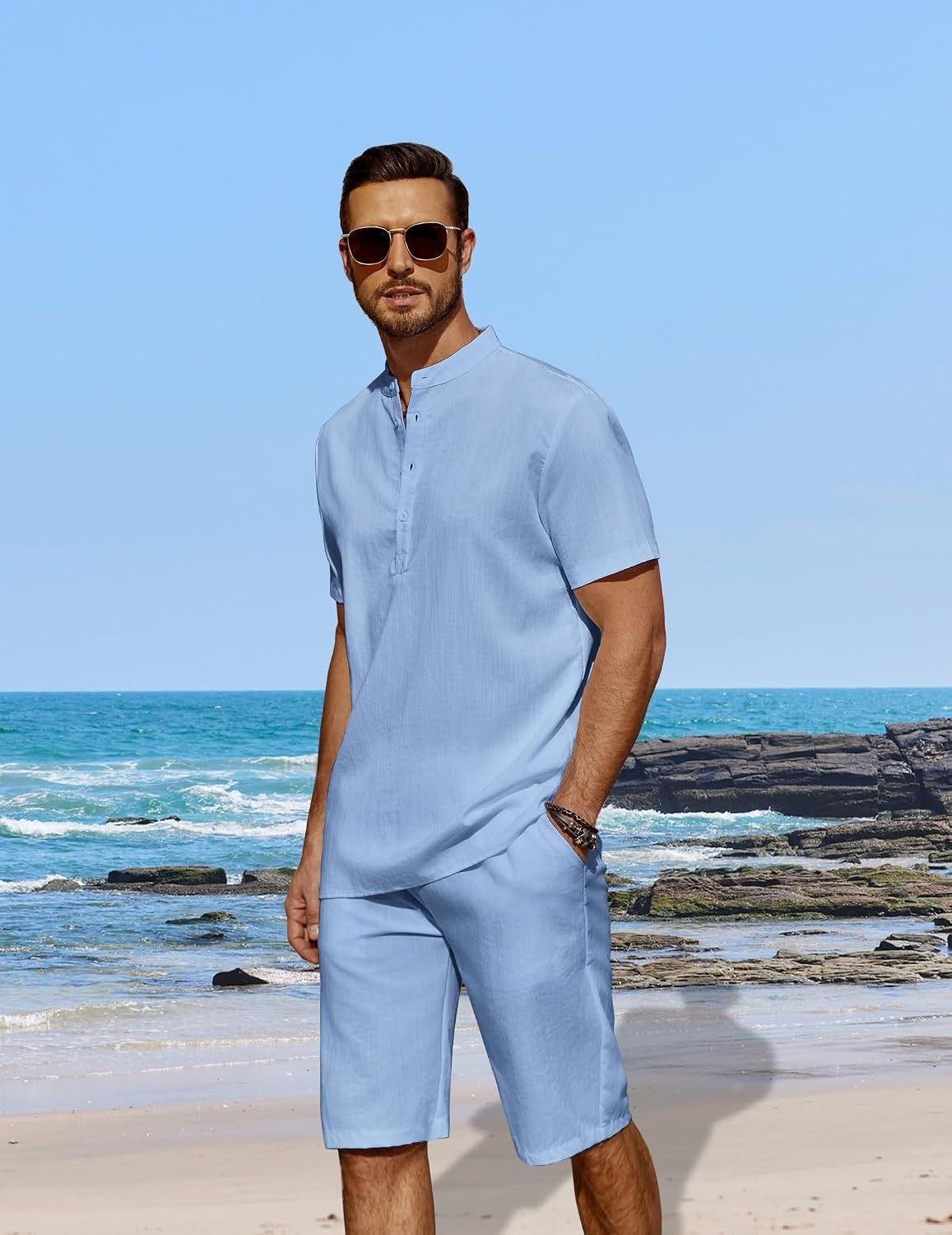 image:imageCOOFANDY Mens 2 Pieces Linen Set Casual Henley Shirts Beach Pants Outfits Button ClosureBeachSummerLightweight BreathableAdjustable DrawstringBlue