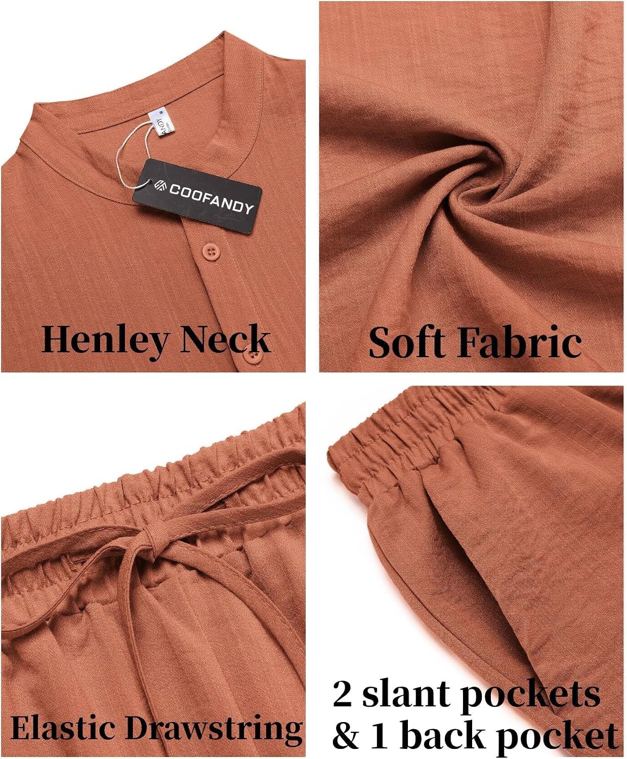 image:imageCOOFANDY Mens 2 Pieces Linen Set Casual Henley Shirts Beach Pants Outfits Button ClosureBeachSummerLightweight BreathableAdjustable DrawstringCaramel