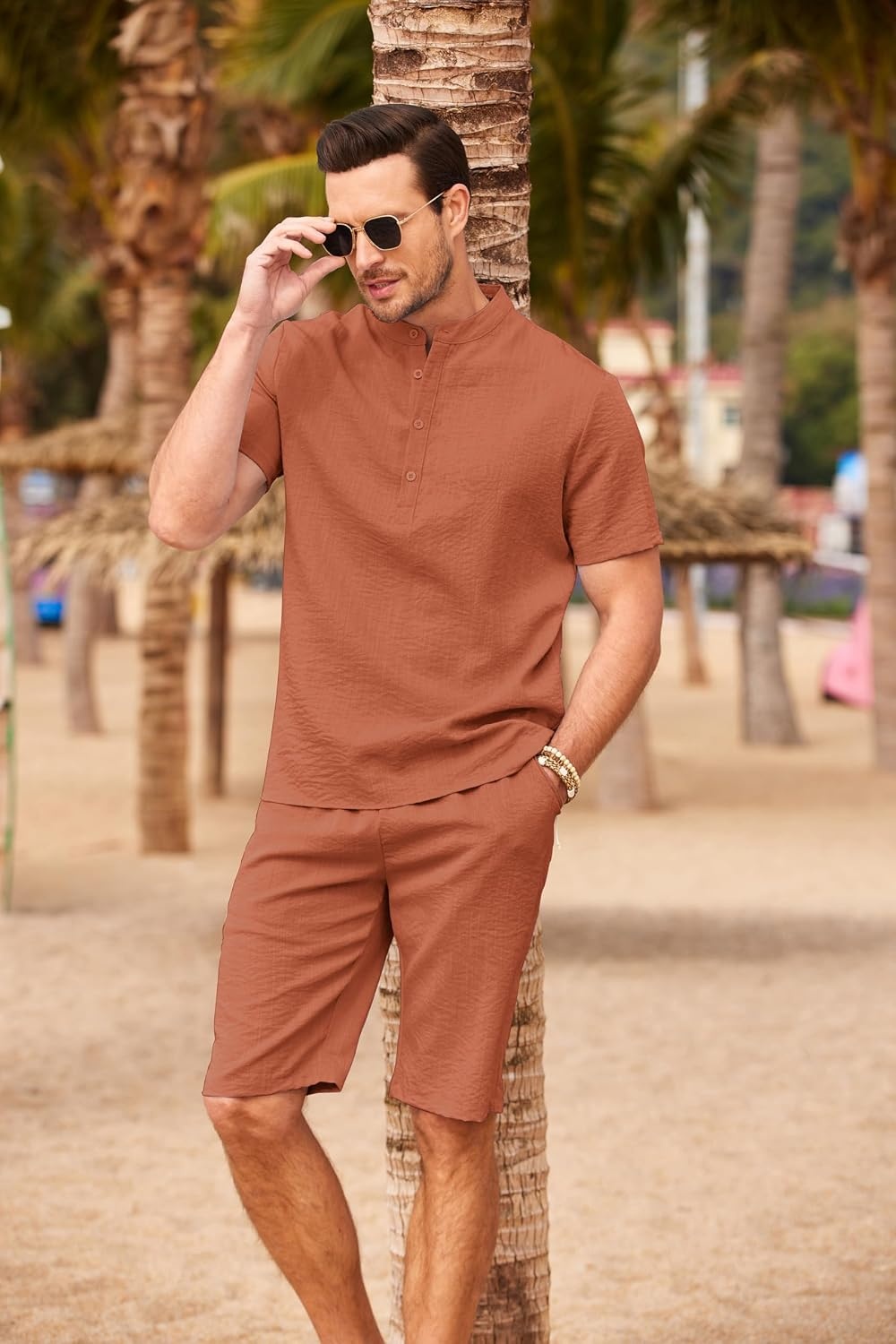 image:imageCOOFANDY Mens 2 Pieces Linen Set Casual Henley Shirts Beach Pants Outfits Button ClosureBeachSummerLightweight BreathableAdjustable DrawstringCaramel