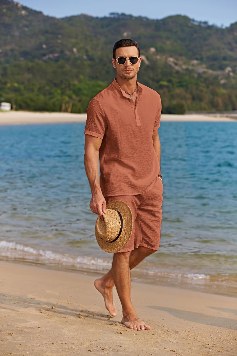 image:imageCOOFANDY Mens 2 Pieces Linen Set Casual Henley Shirts Beach Pants Outfits Button ClosureBeachSummerLightweight BreathableAdjustable DrawstringCaramel