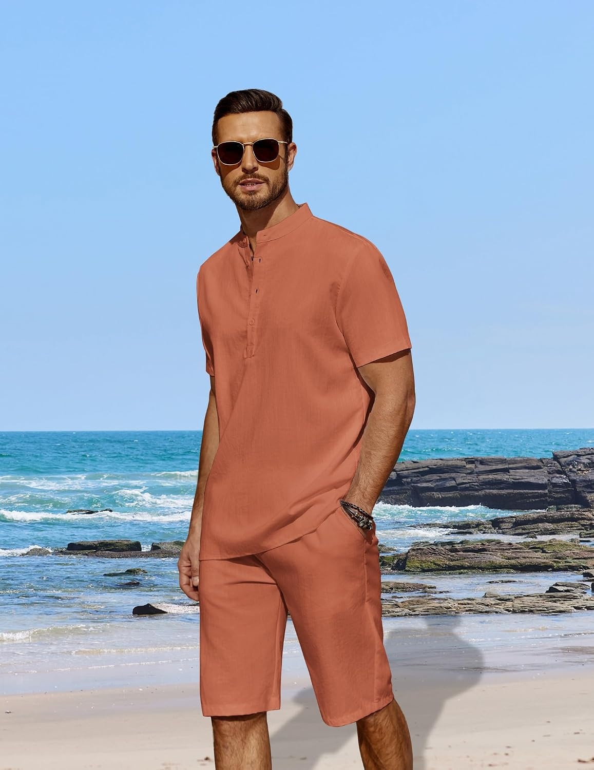 image:imageCOOFANDY Mens 2 Pieces Linen Set Casual Henley Shirts Beach Pants Outfits Button ClosureBeachSummerLightweight BreathableAdjustable DrawstringCaramel