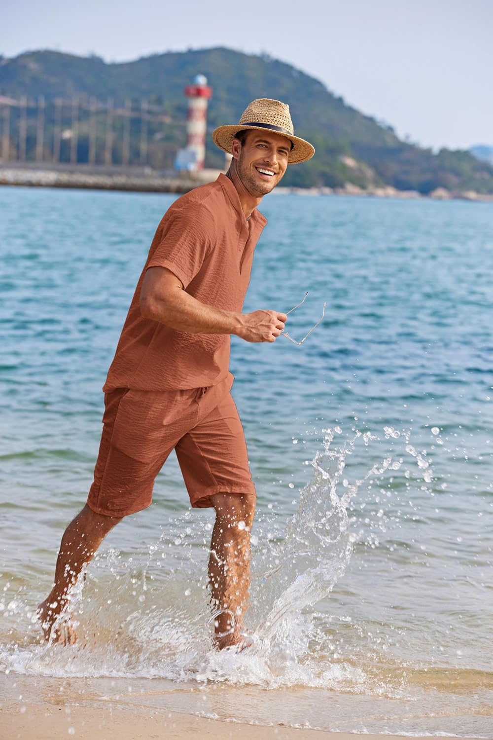 image:imageCOOFANDY Mens 2 Pieces Linen Set Casual Henley Shirts Beach Pants Outfits Button ClosureBeachSummerLightweight BreathableAdjustable DrawstringCaramel
