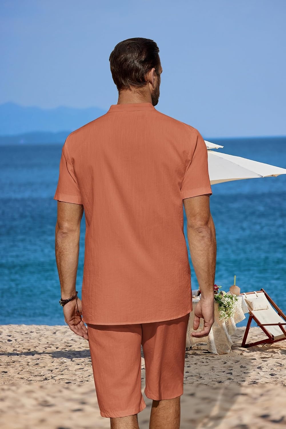 image:imageCOOFANDY Mens 2 Pieces Linen Set Casual Henley Shirts Beach Pants Outfits Button ClosureBeachSummerLightweight BreathableAdjustable DrawstringCaramel