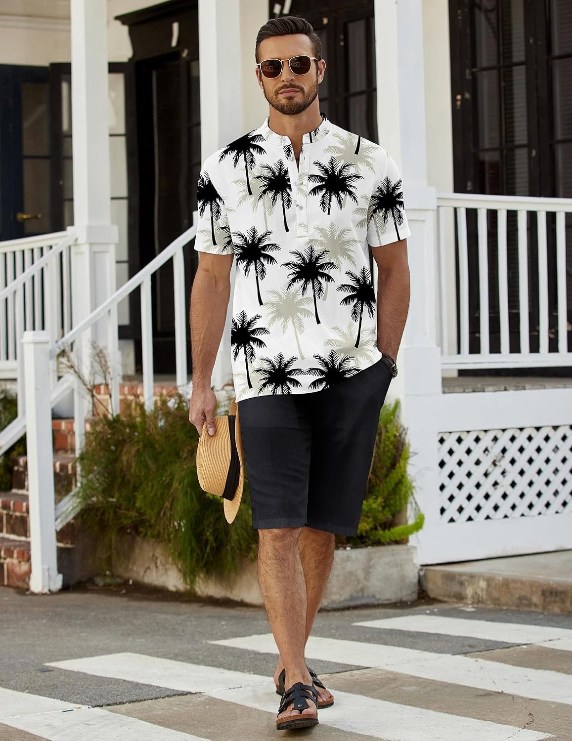 image:imageCOOFANDY Mens 2 Pieces Linen Set Casual Henley Shirts Beach Pants Outfits Button ClosureBeachSummerLightweight BreathableAdjustable DrawstringCoconut Plant Pattern