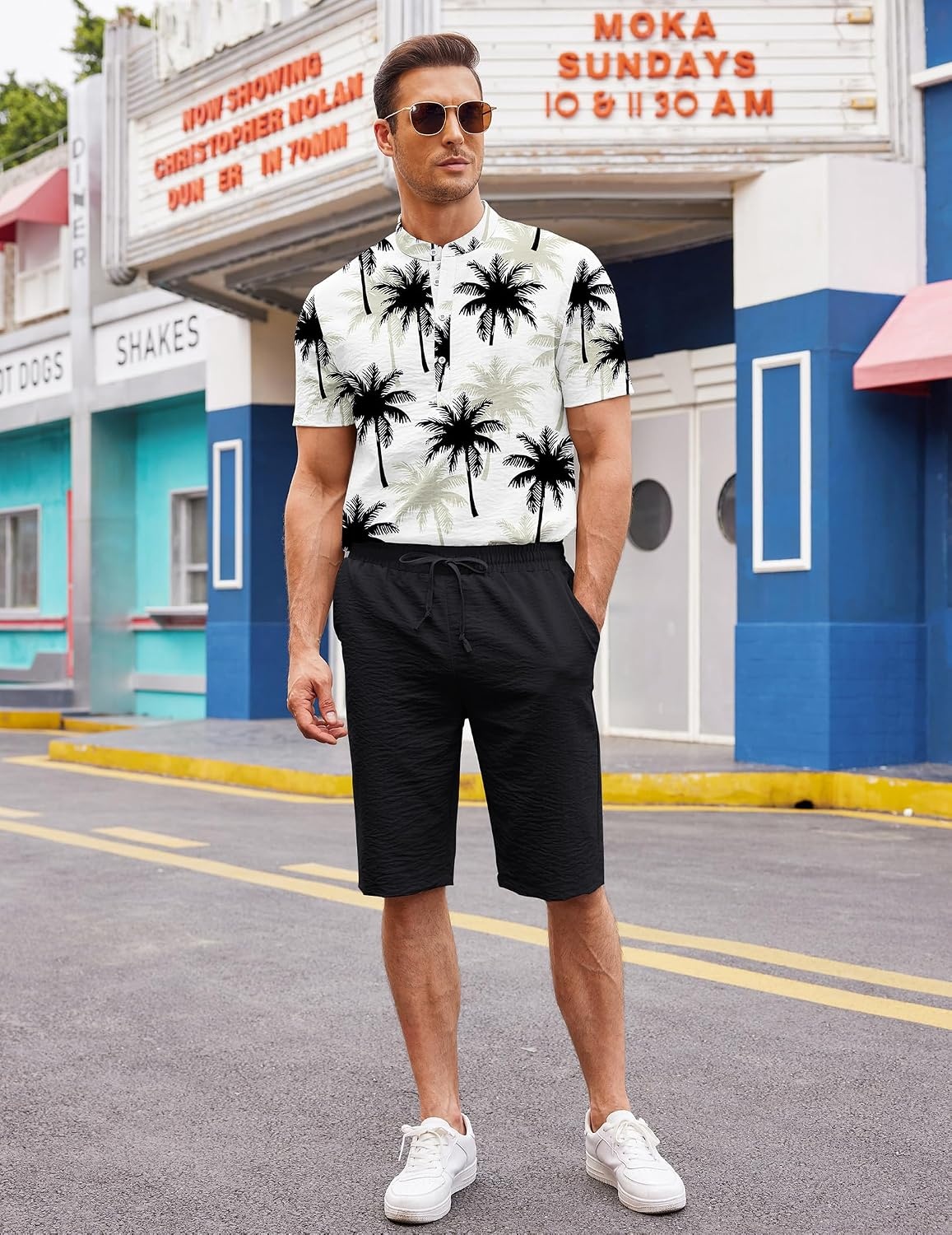 image:imageCOOFANDY Mens 2 Pieces Linen Set Casual Henley Shirts Beach Pants Outfits Button ClosureBeachSummerLightweight BreathableAdjustable DrawstringCoconut Plant Pattern