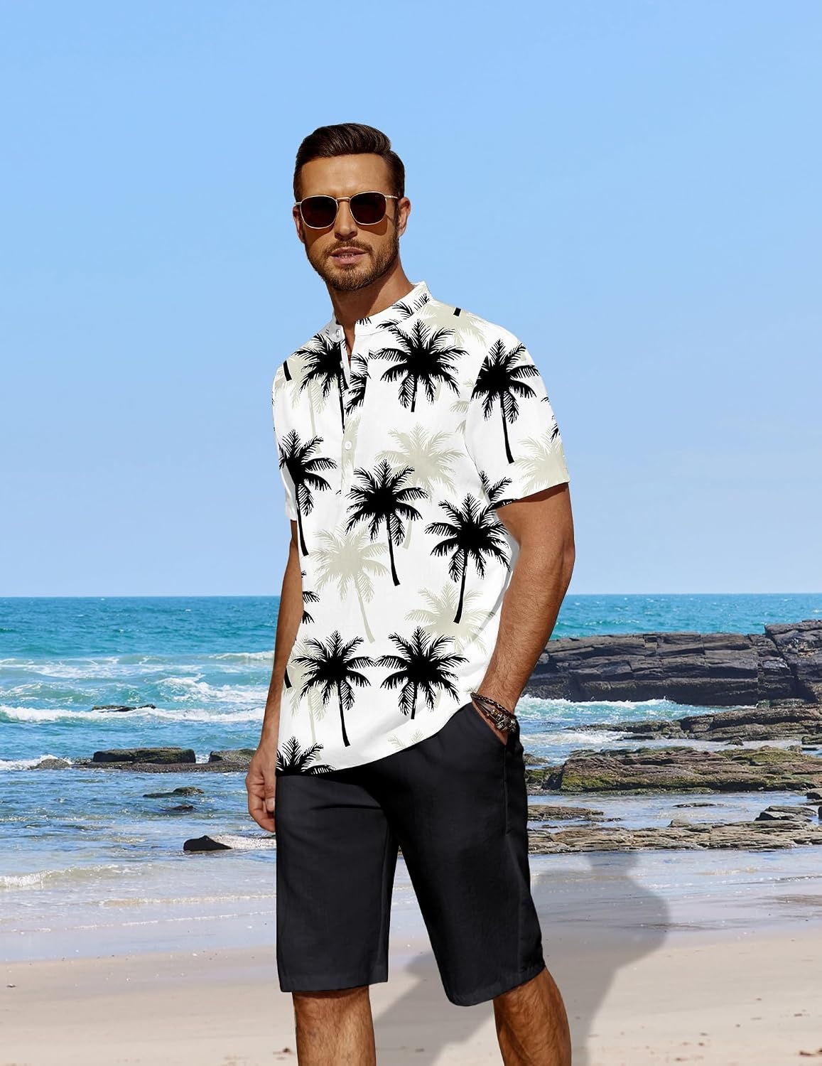 image:imageCOOFANDY Mens 2 Pieces Linen Set Casual Henley Shirts Beach Pants Outfits Button ClosureBeachSummerLightweight BreathableAdjustable DrawstringCoconut Plant Pattern