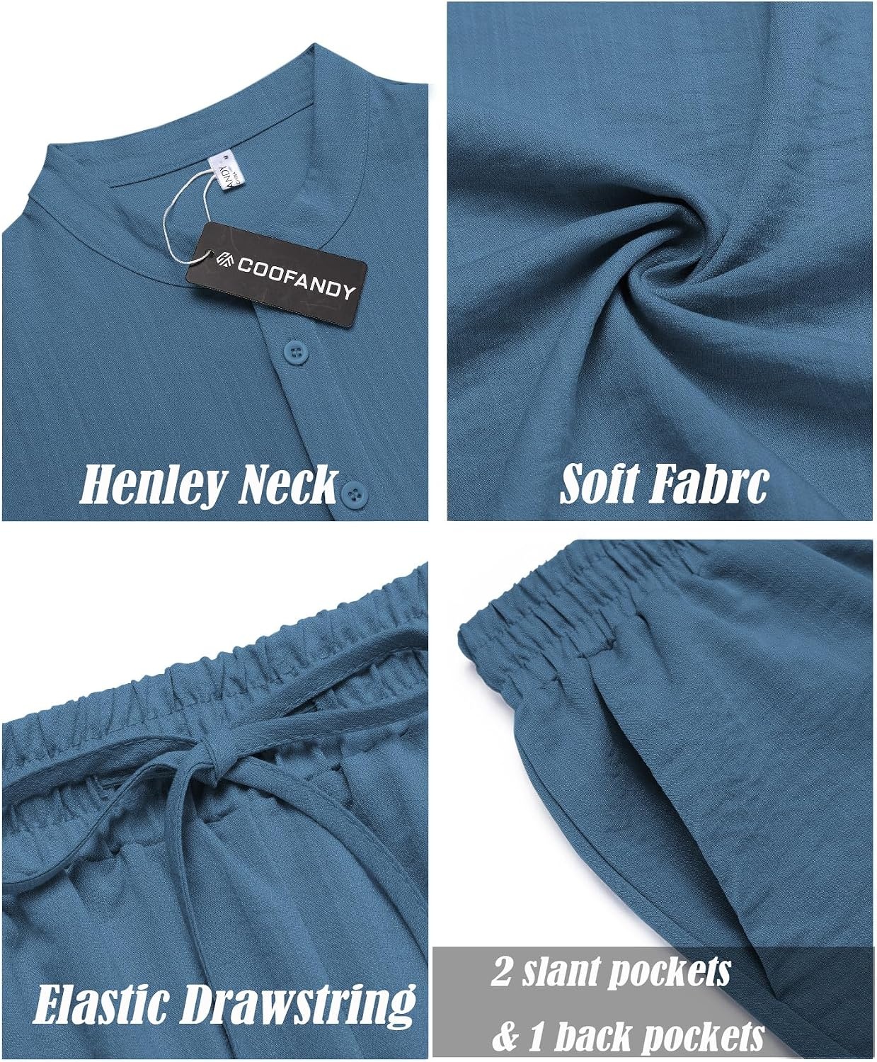 image:imageCOOFANDY Mens 2 Pieces Linen Set Casual Henley Shirts Beach Pants Outfits Button ClosureBeachSummerLightweight BreathableAdjustable DrawstringDark Blue