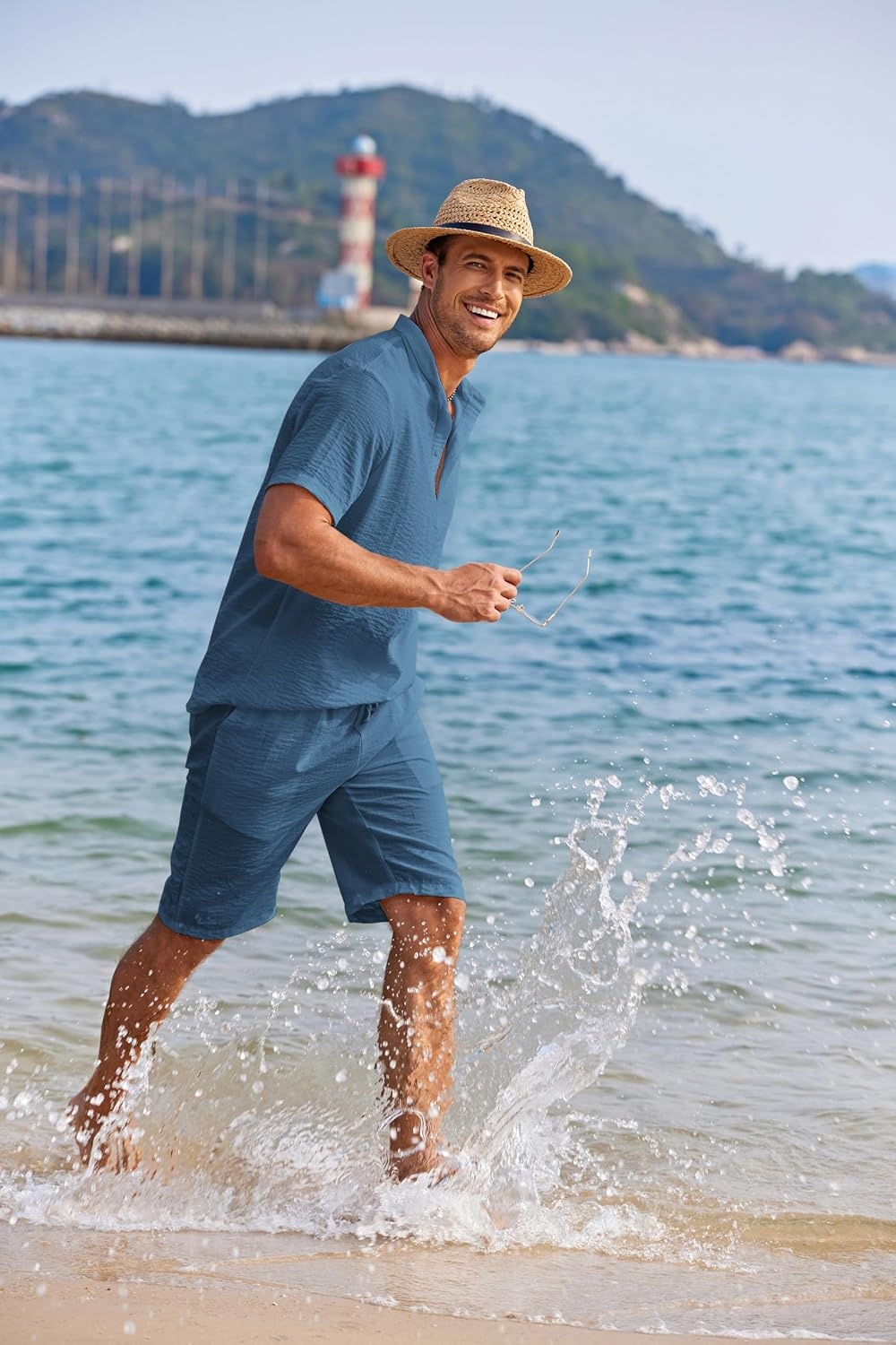 image:imageCOOFANDY Mens 2 Pieces Linen Set Casual Henley Shirts Beach Pants Outfits Button ClosureBeachSummerLightweight BreathableAdjustable DrawstringDark Blue