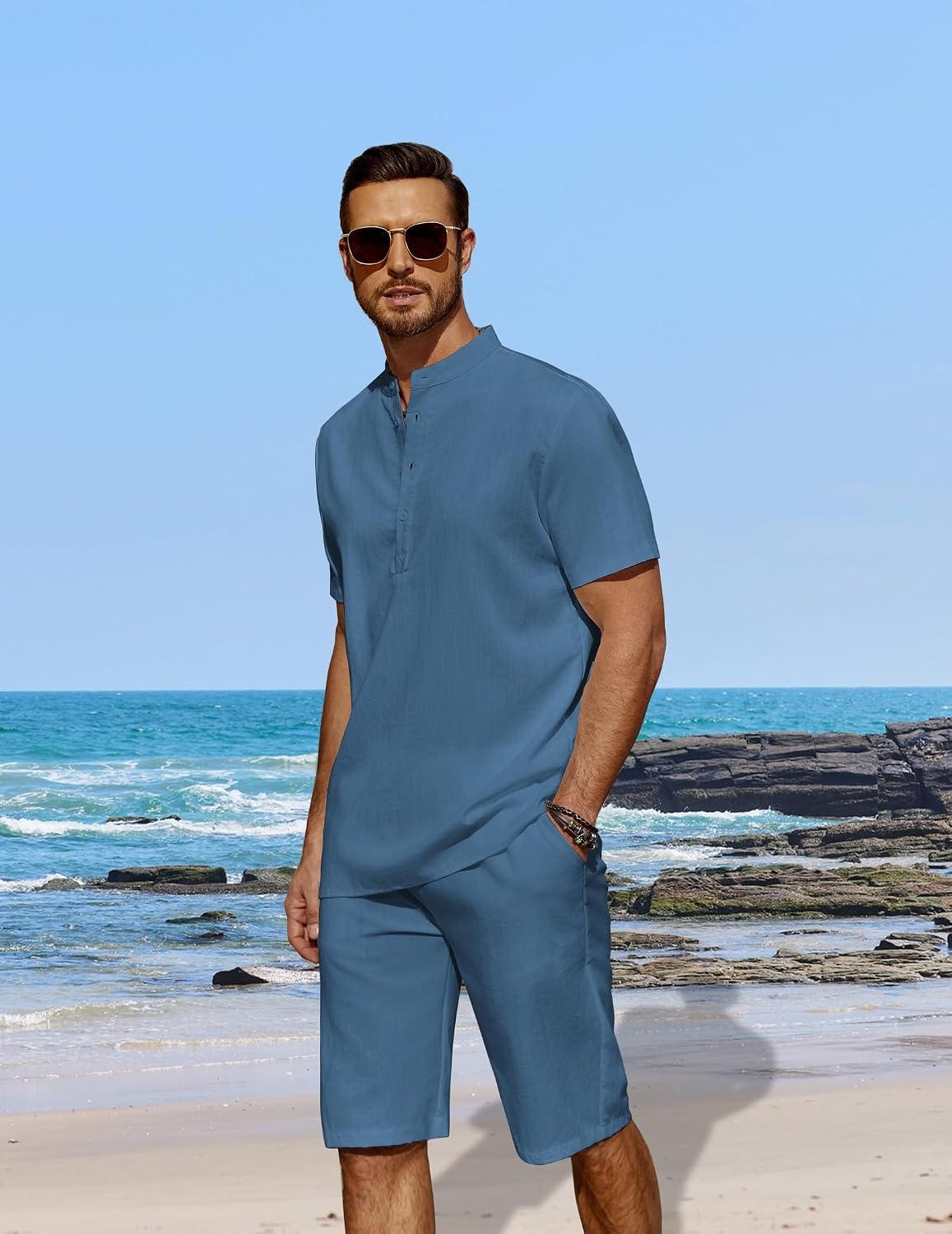 image:imageCOOFANDY Mens 2 Pieces Linen Set Casual Henley Shirts Beach Pants Outfits Button ClosureBeachSummerLightweight BreathableAdjustable DrawstringDark Blue