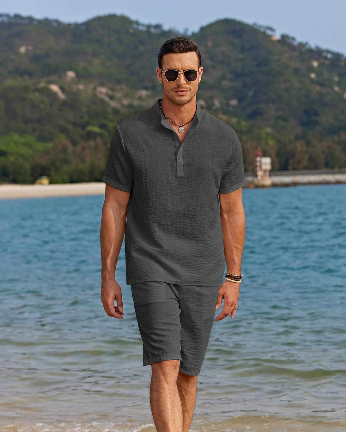 image:imageCOOFANDY Mens 2 Pieces Linen Set Casual Henley Shirts Beach Pants Outfits Button ClosureBeachSummerLightweight BreathableAdjustable DrawstringDark Grey