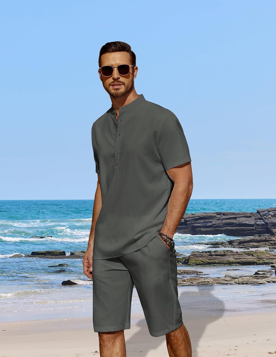 image:imageCOOFANDY Mens 2 Pieces Linen Set Casual Henley Shirts Beach Pants Outfits Button ClosureBeachSummerLightweight BreathableAdjustable DrawstringDark Grey