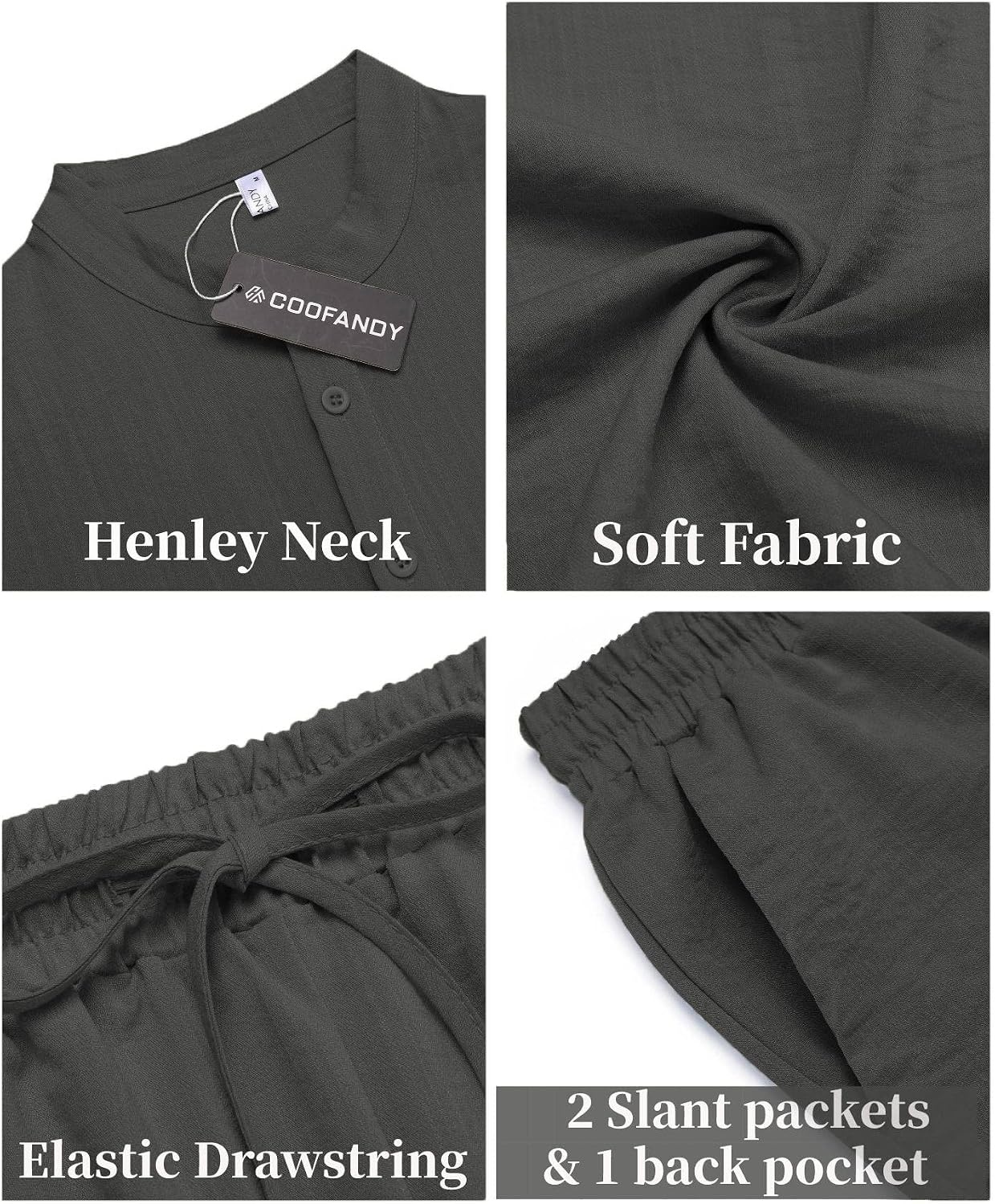image:imageCOOFANDY Mens 2 Pieces Linen Set Casual Henley Shirts Beach Pants Outfits Button ClosureBeachSummerLightweight BreathableAdjustable DrawstringDark Grey