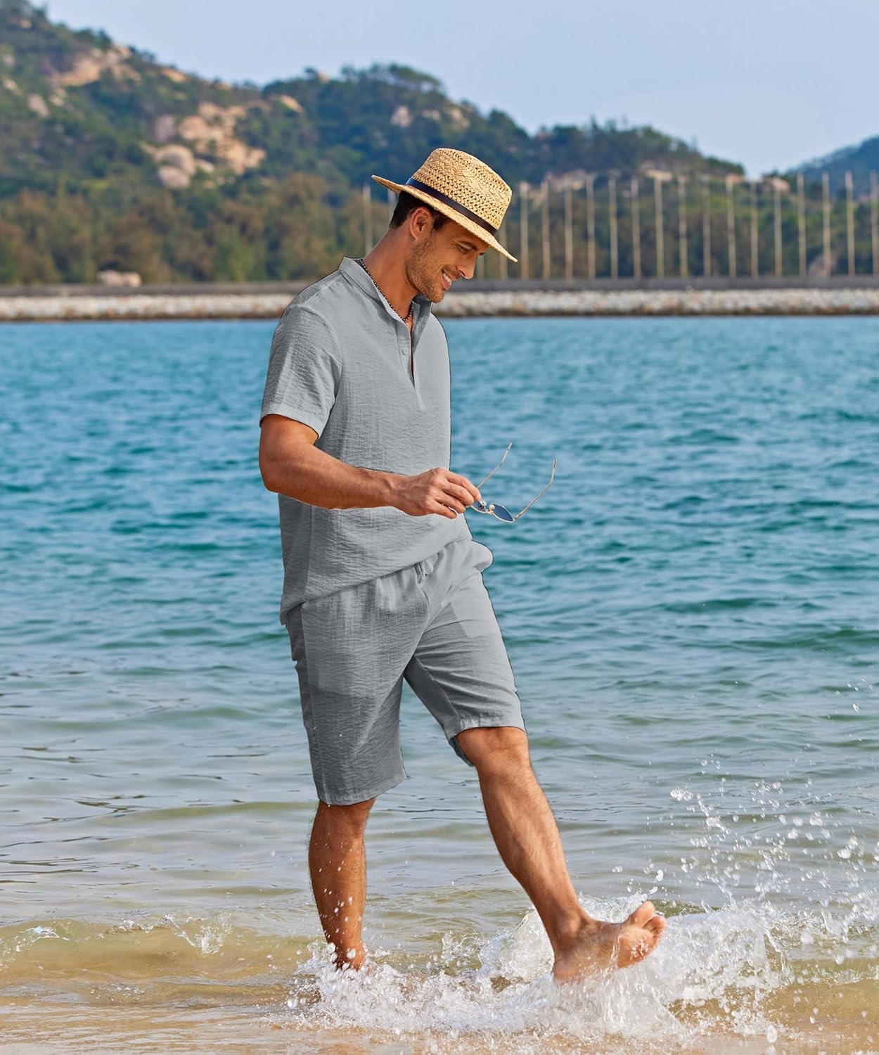 image:imageCOOFANDY Mens 2 Pieces Linen Set Casual Henley Shirts Beach Pants Outfits Button ClosureBeachSummerLightweight BreathableAdjustable DrawstringGrey