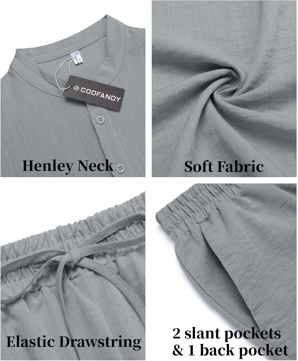 image:imageCOOFANDY Mens 2 Pieces Linen Set Casual Henley Shirts Beach Pants Outfits Button ClosureBeachSummerLightweight BreathableAdjustable DrawstringGrey
