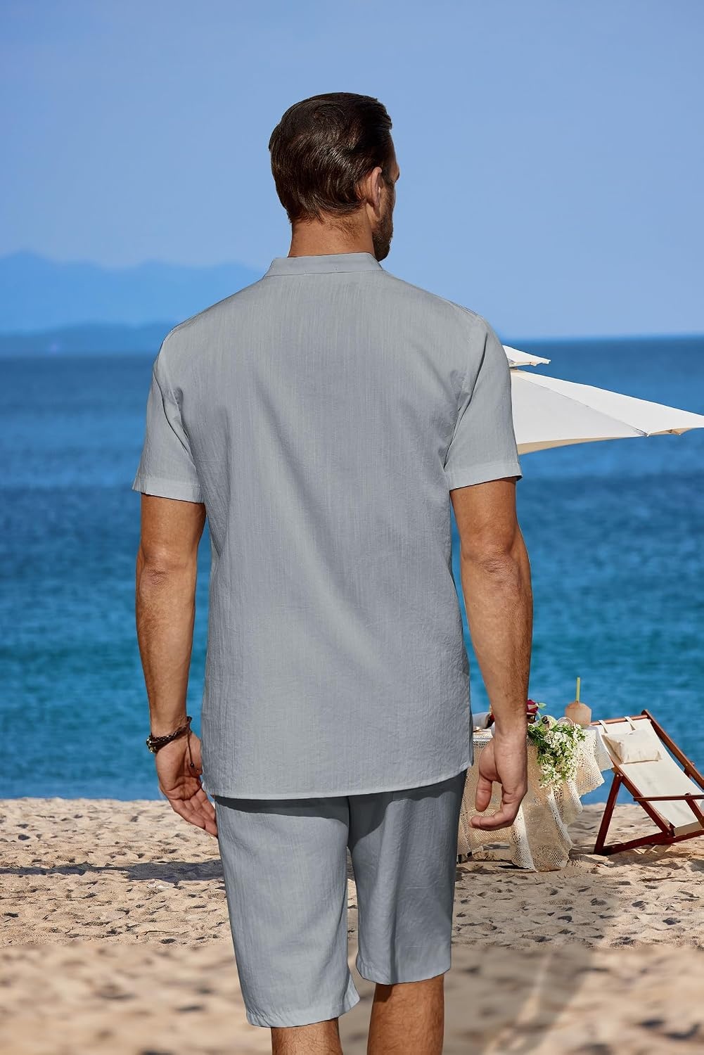 image:imageCOOFANDY Mens 2 Pieces Linen Set Casual Henley Shirts Beach Pants Outfits Button ClosureBeachSummerLightweight BreathableAdjustable DrawstringGrey