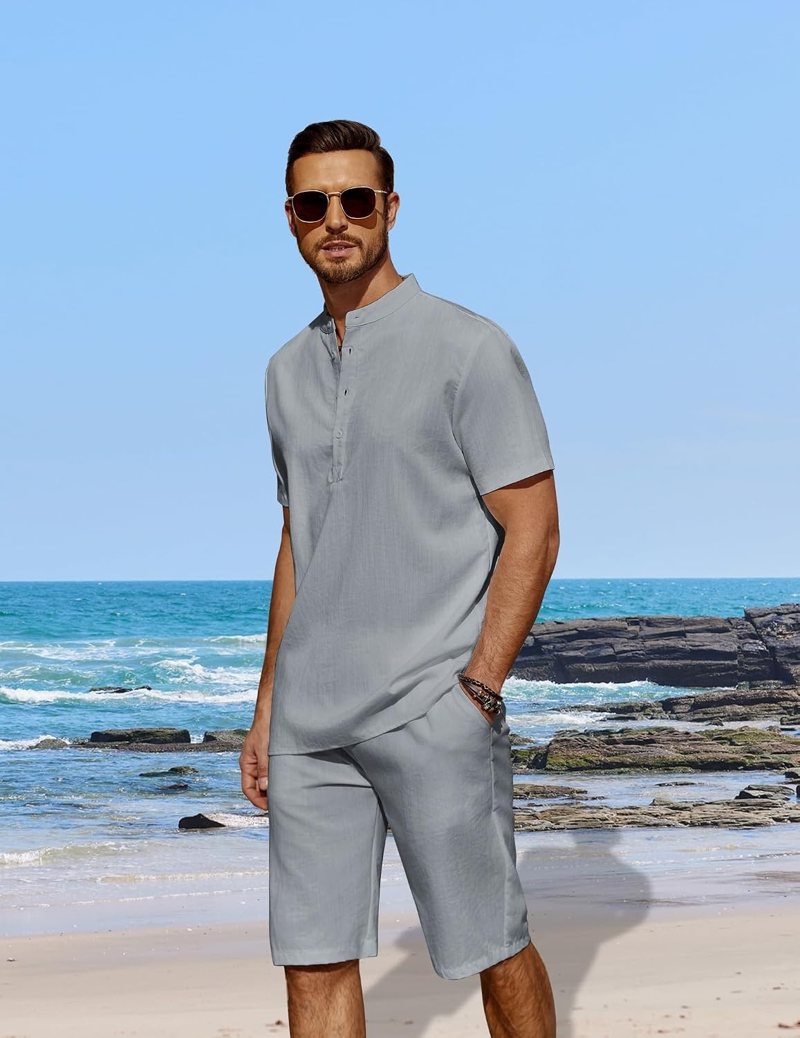 image:imageCOOFANDY Mens 2 Pieces Linen Set Casual Henley Shirts Beach Pants Outfits Button ClosureBeachSummerLightweight BreathableAdjustable DrawstringGrey