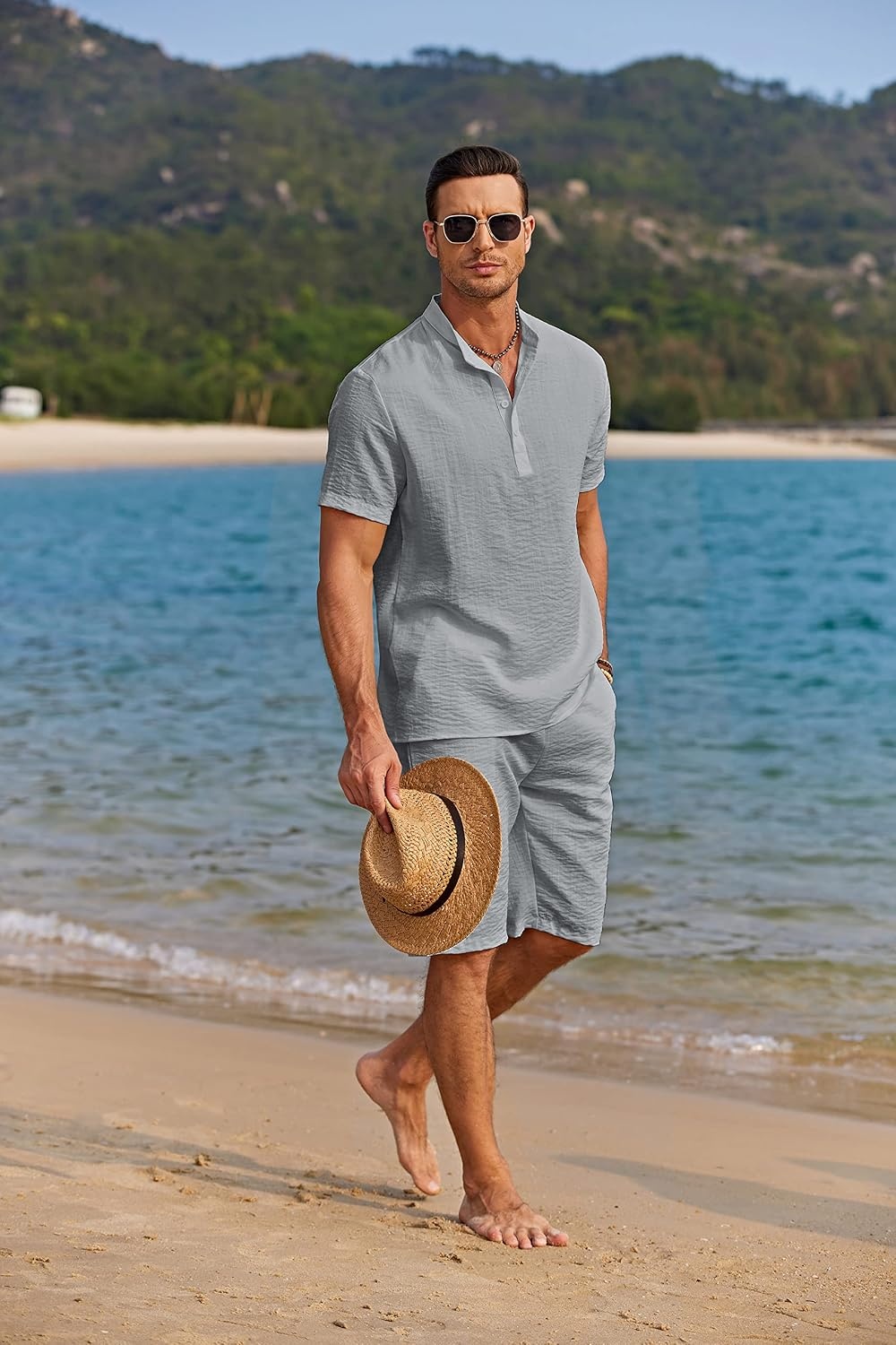 image:imageCOOFANDY Mens 2 Pieces Linen Set Casual Henley Shirts Beach Pants Outfits Button ClosureBeachSummerLightweight BreathableAdjustable DrawstringGrey