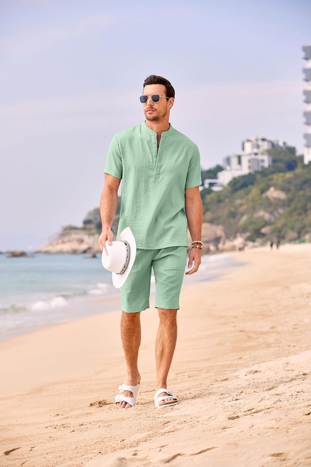 image:imageCOOFANDY Mens 2 Pieces Linen Set Casual Henley Shirts Beach Pants Outfits Button ClosureBeachSummerLightweight BreathableAdjustable DrawstringIce Green