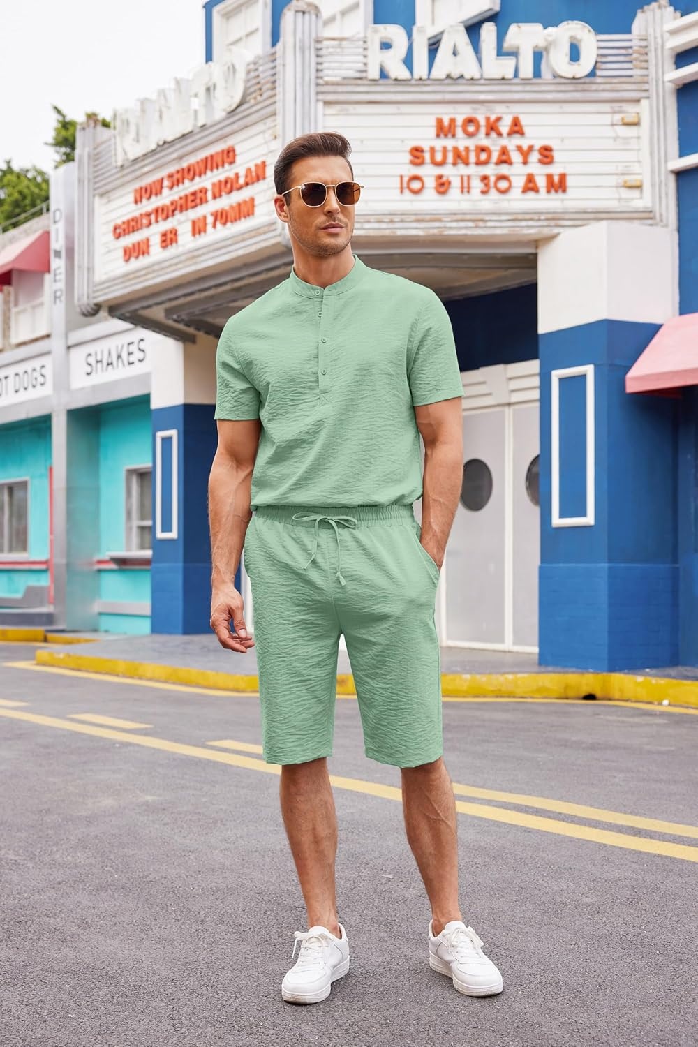 image:imageCOOFANDY Mens 2 Pieces Linen Set Casual Henley Shirts Beach Pants Outfits Button ClosureBeachSummerLightweight BreathableAdjustable DrawstringIce Green